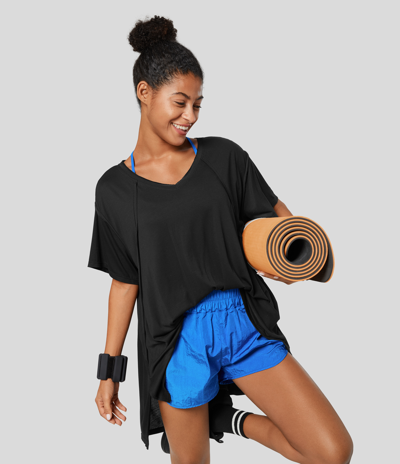 Halara V Neck Split Hem High Low Oversize Yoga Sports Top  - Black - M 
