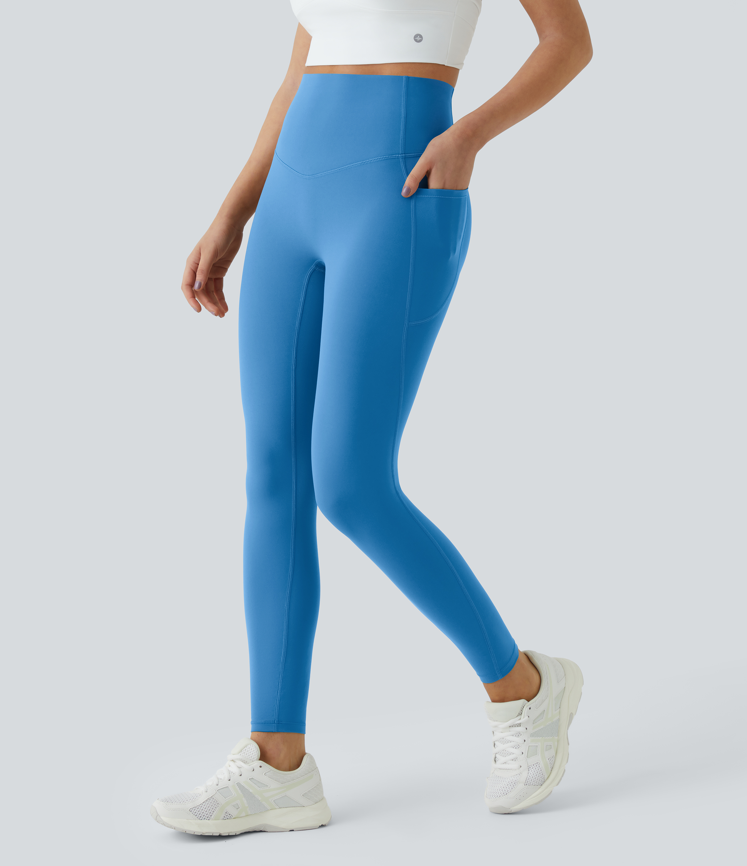 Halara SoCinched High Waisted Tummy Control Side Pocket Shaping Training UltraSculpt Leggings  - Vallarta Blue - M(full_length) gym leggings 