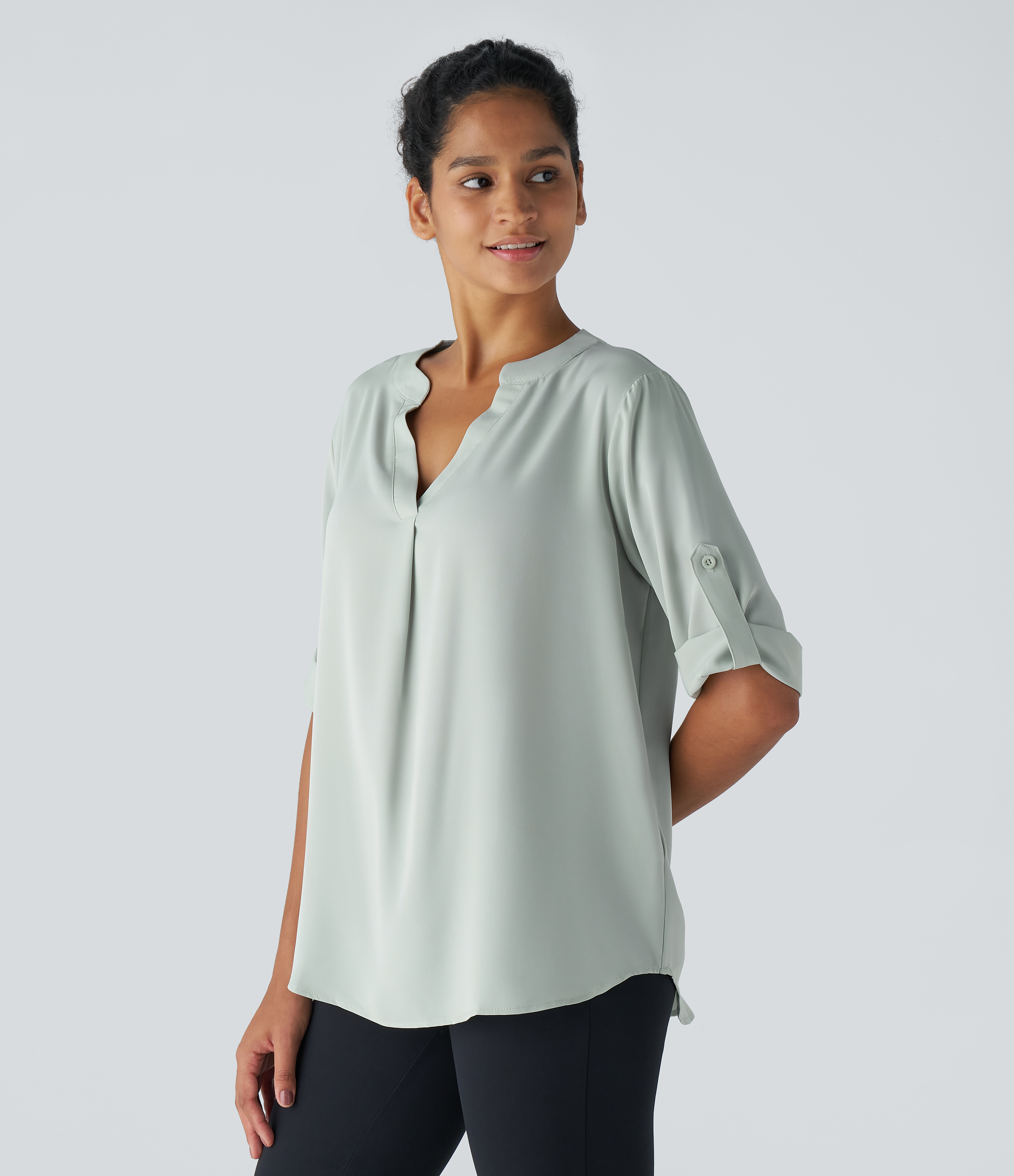 Halara V Neck Button Three Quarter Sleeve Curved Hem Work Shirt  - Silt Green - XS 