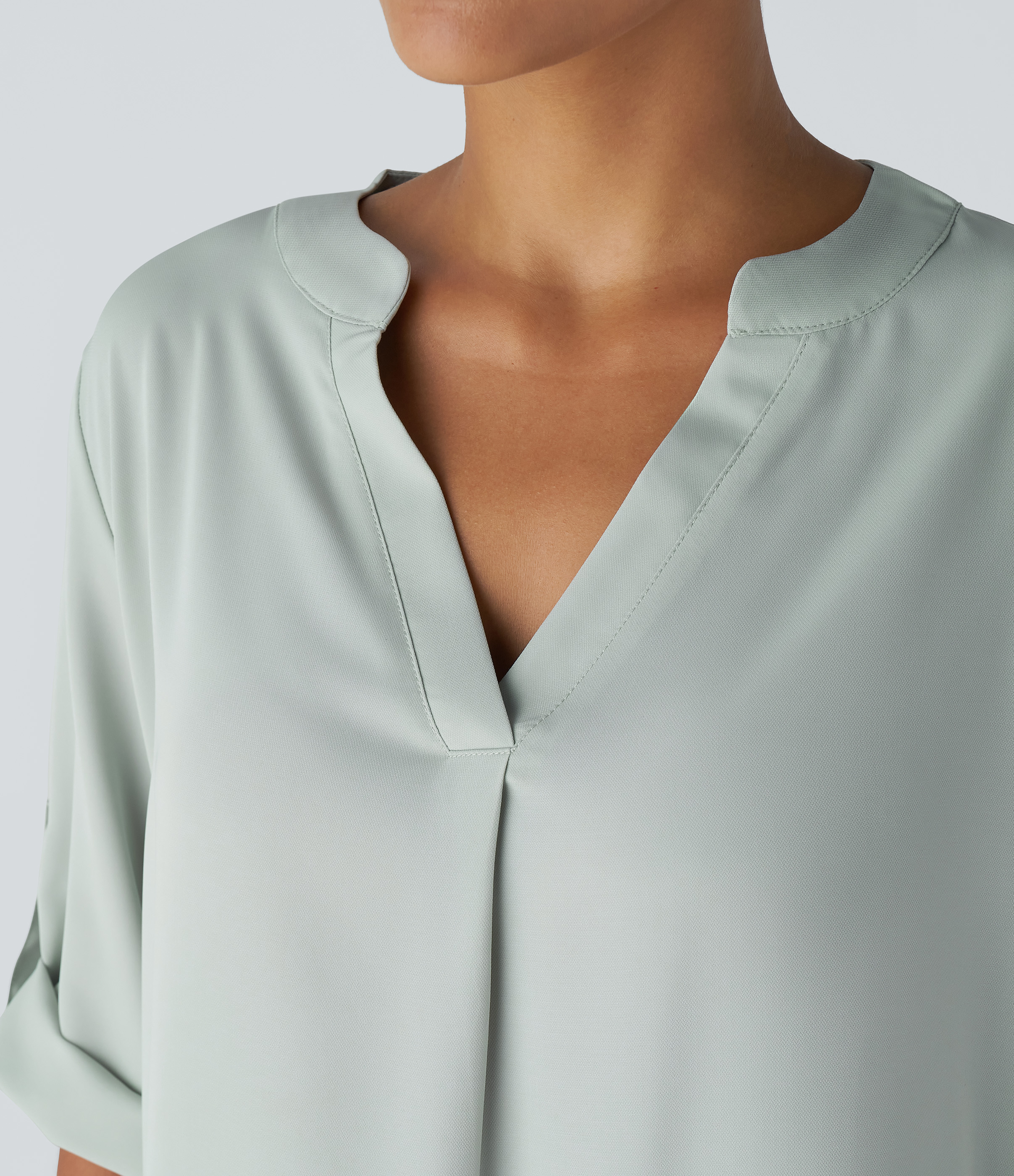 Halara V Neck Button Three Quarter Sleeve Curved Hem Work Shirt  - Silt Green - XS 