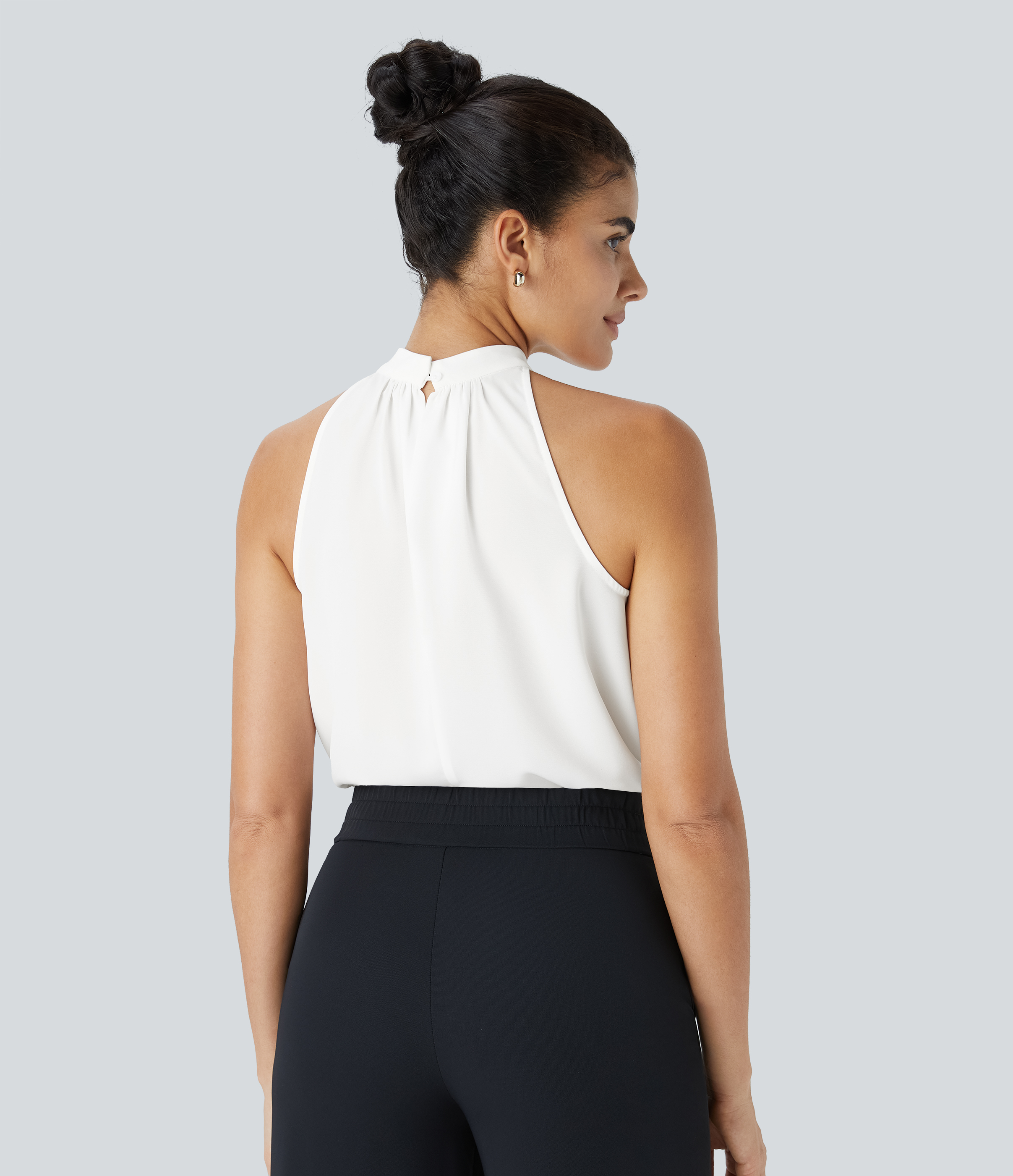 Halara Keyhole Back Halter Plicated Sleeveless Curved Hem Work Blouse  - Fish Belly White - L 