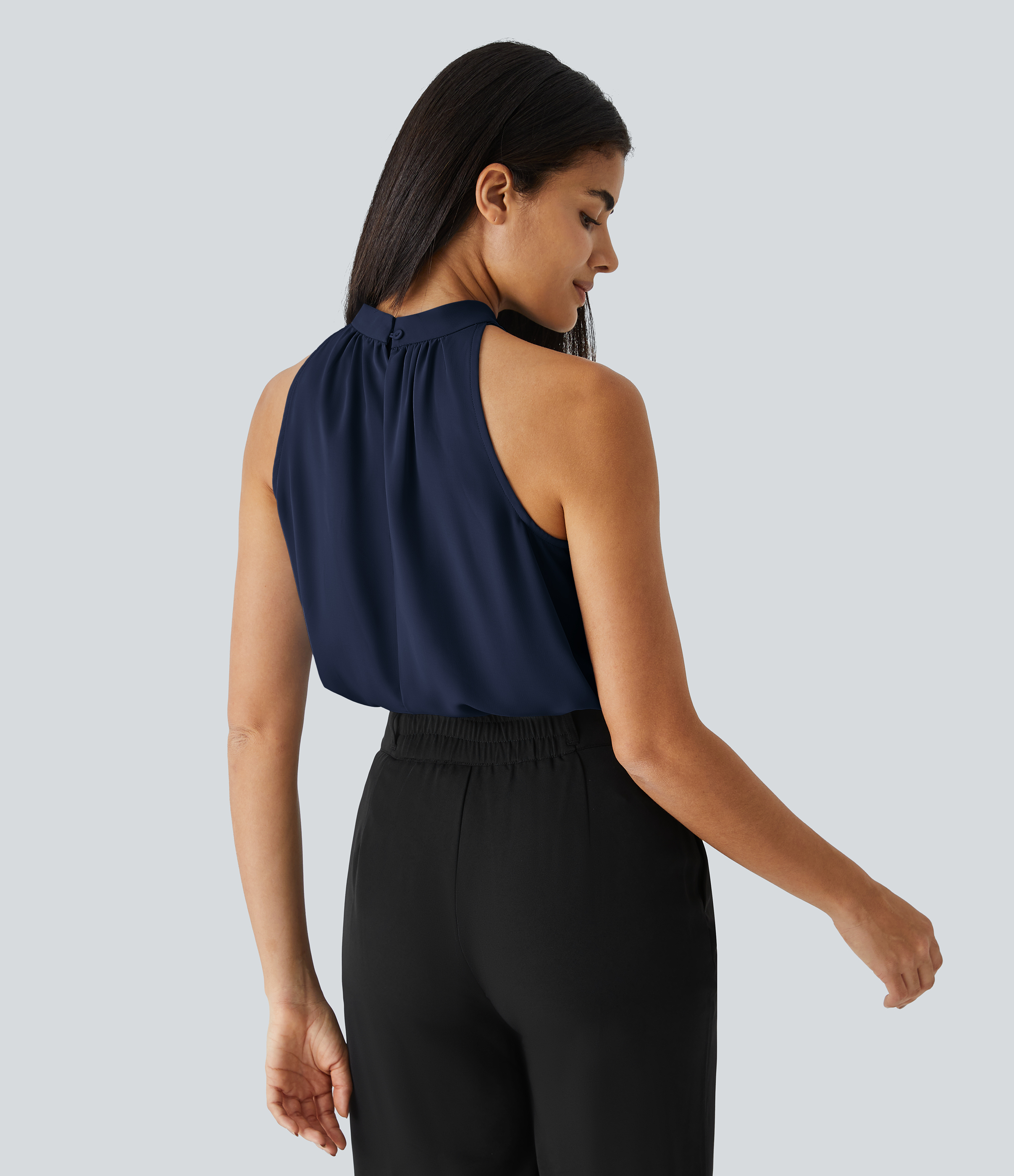 Halara Keyhole Back Halter Plicated Sleeveless Curved Hem Work Blouse  - Denim Blue - S 