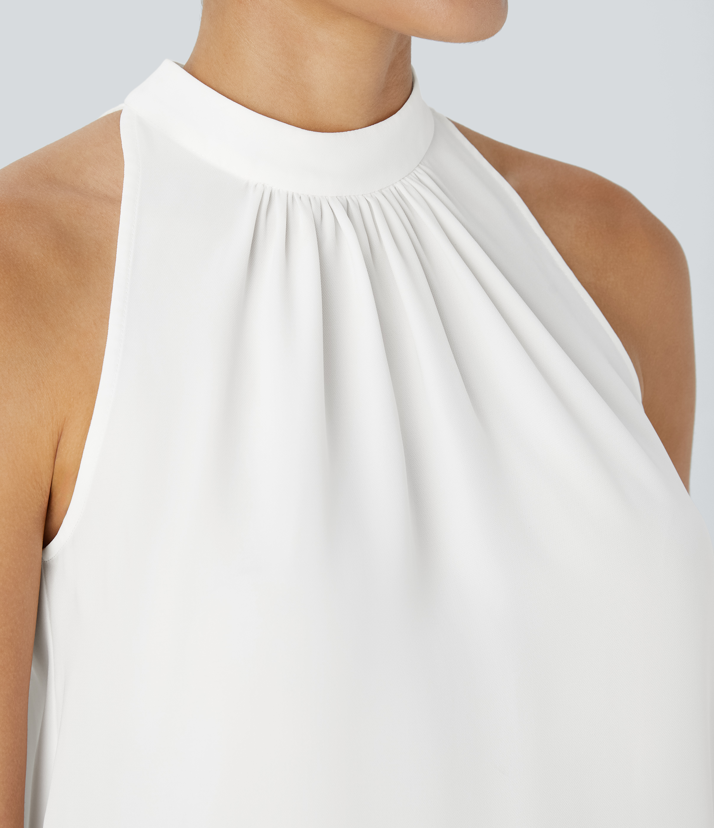Halara Keyhole Back Halter Plicated Sleeveless Curved Hem Work Blouse  - Fish Belly White - L 