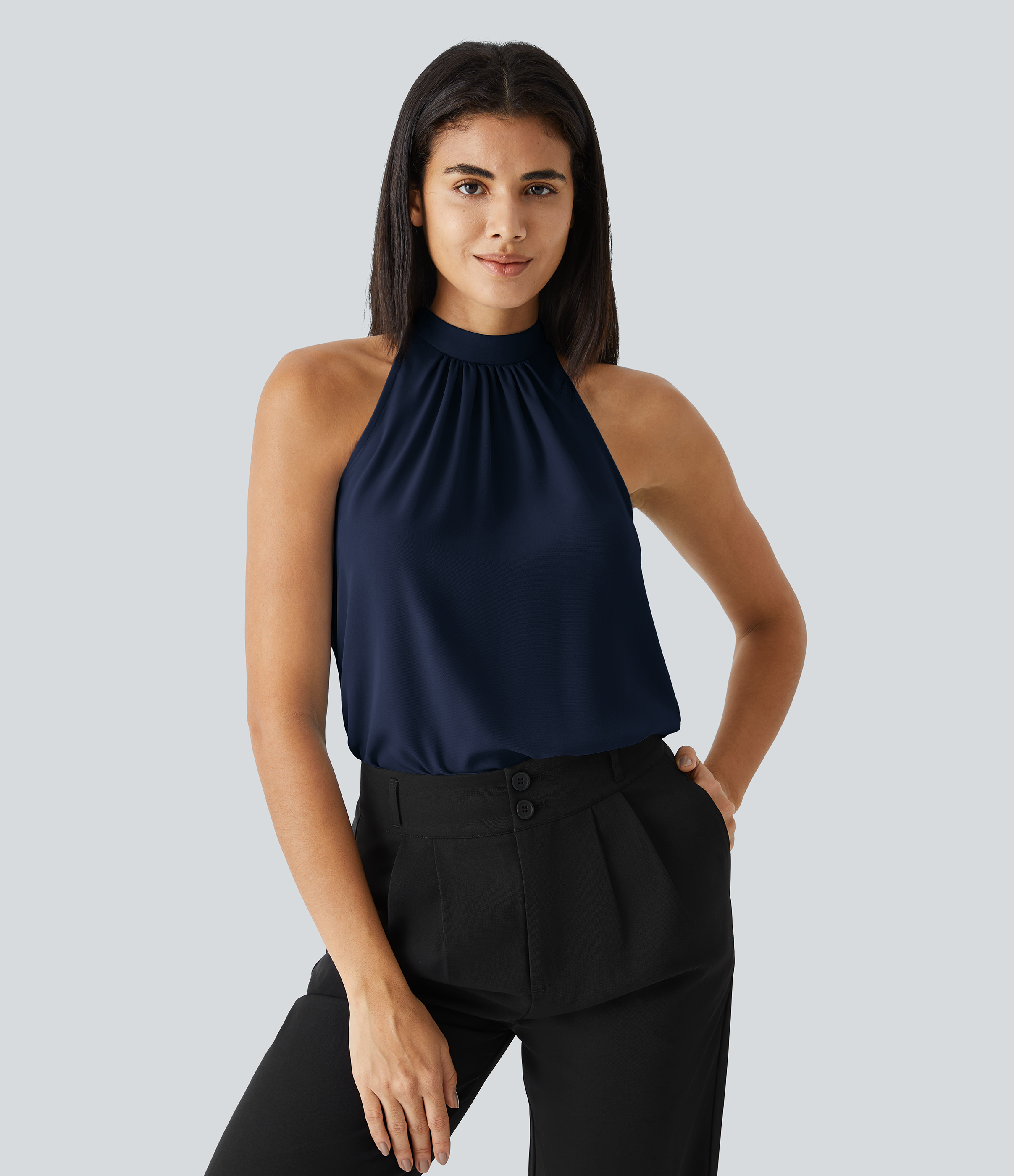 Halara Keyhole Back Halter Plicated Sleeveless Curved Hem Work Blouse  - Denim Blue - S 