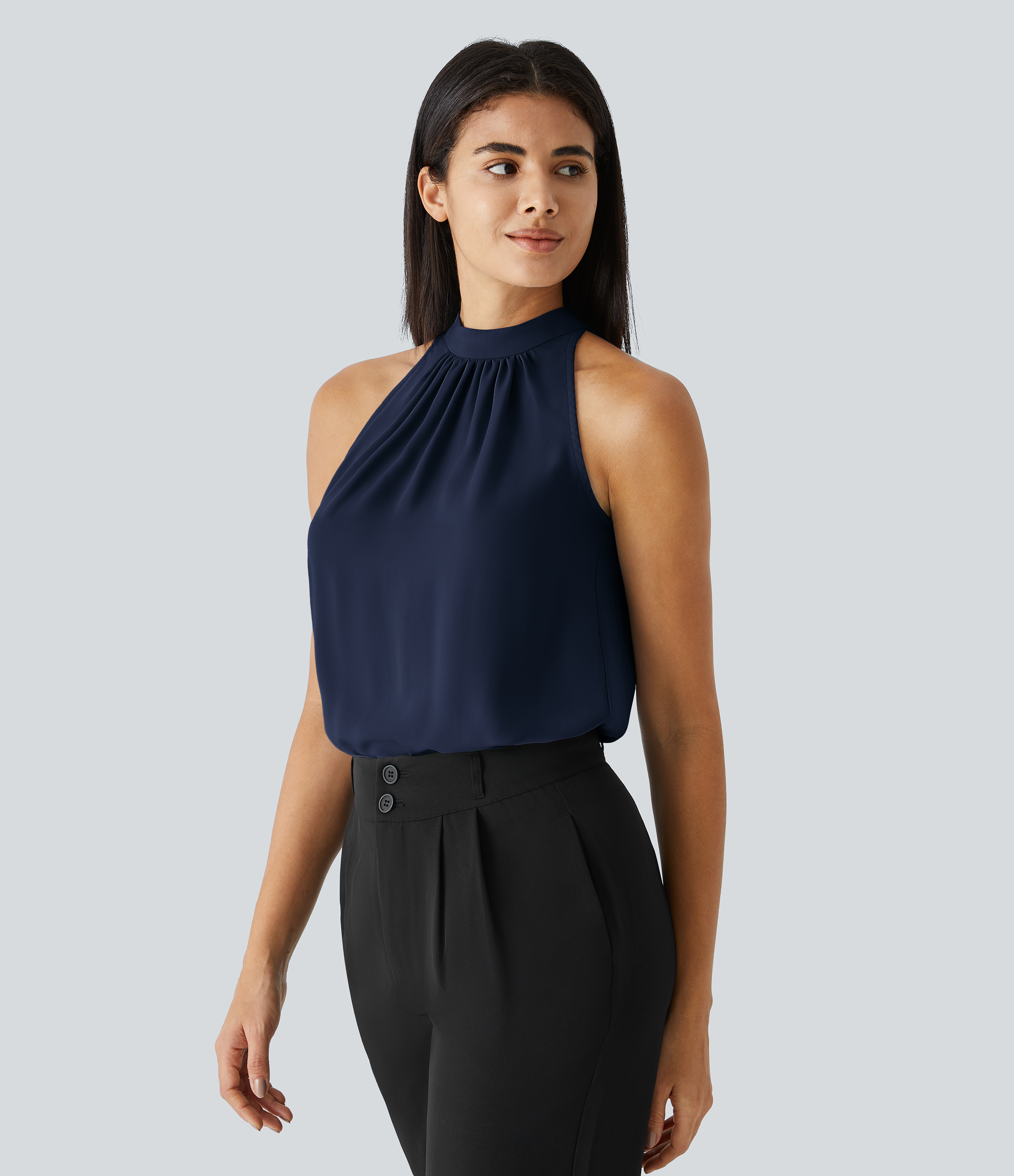 Halara Keyhole Back Halter Plicated Sleeveless Curved Hem Work Blouse  - Denim Blue - S 