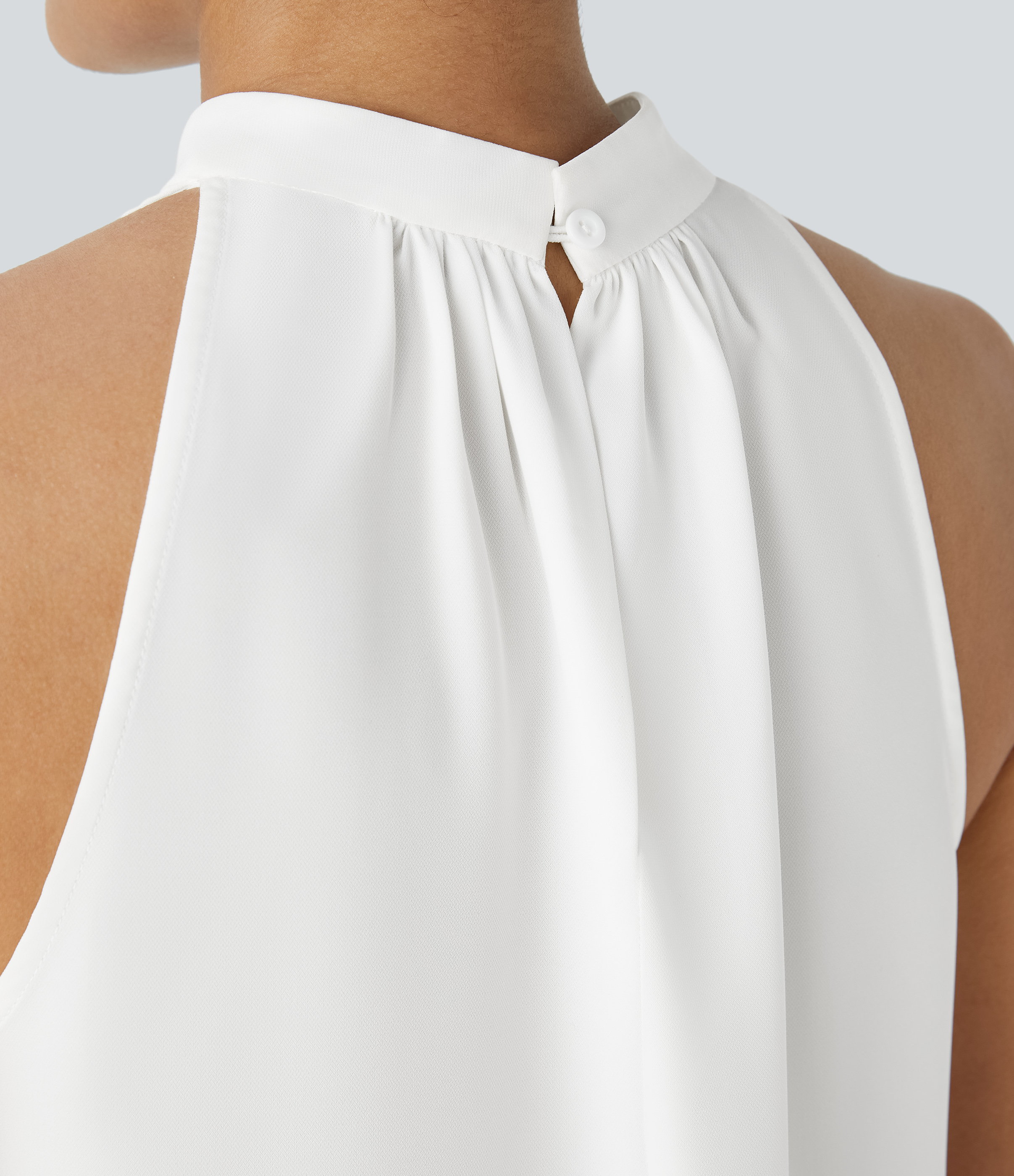 Halara Keyhole Back Halter Plicated Sleeveless Curved Hem Work Blouse  - Fish Belly White - L 