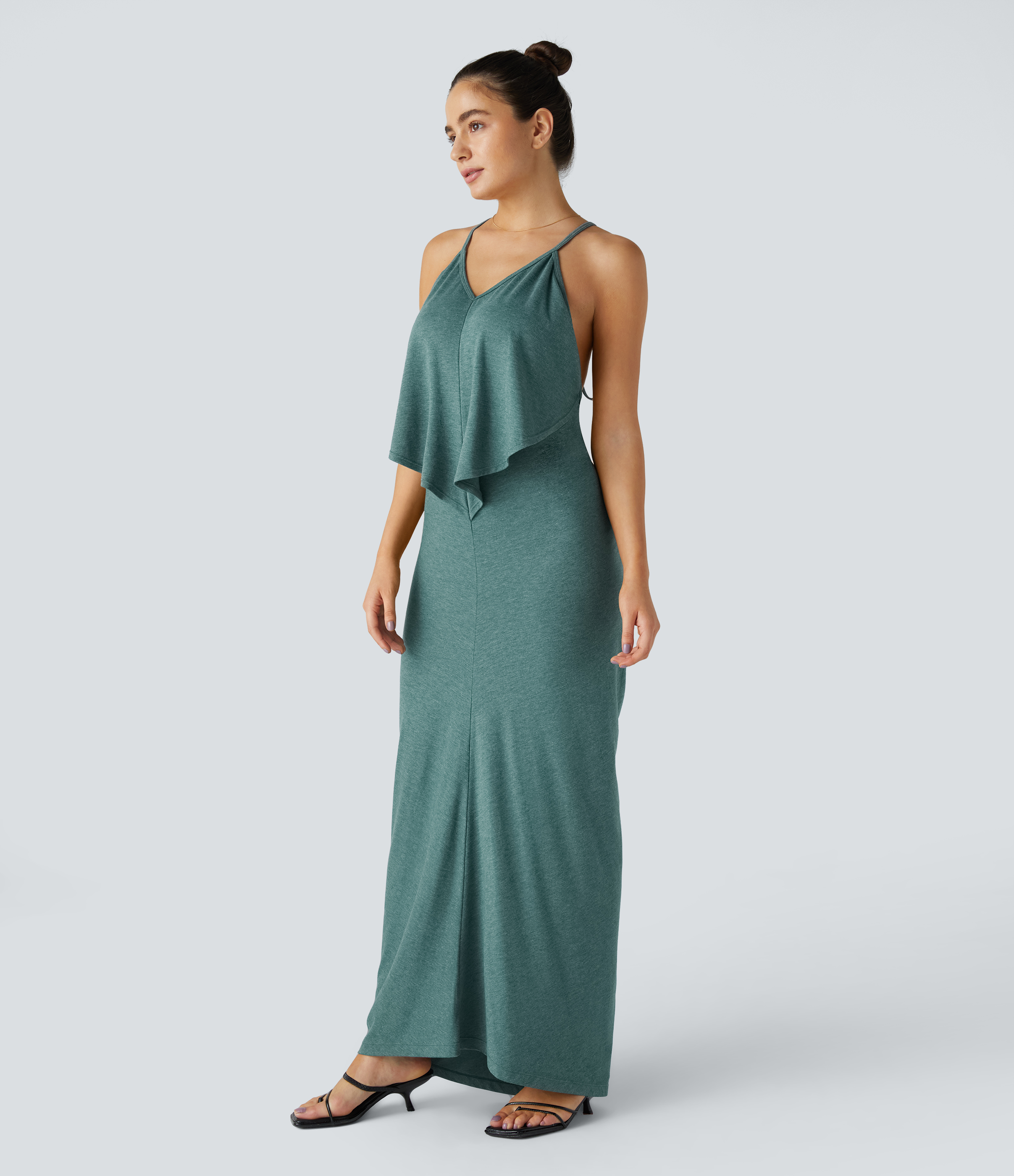 Halara V Neck Backless Tie Back Ruched Maxi Resort Slip Dress Casual Dress - Jade Green Floral Yarn - M slip dress beach dress ruched dress 
