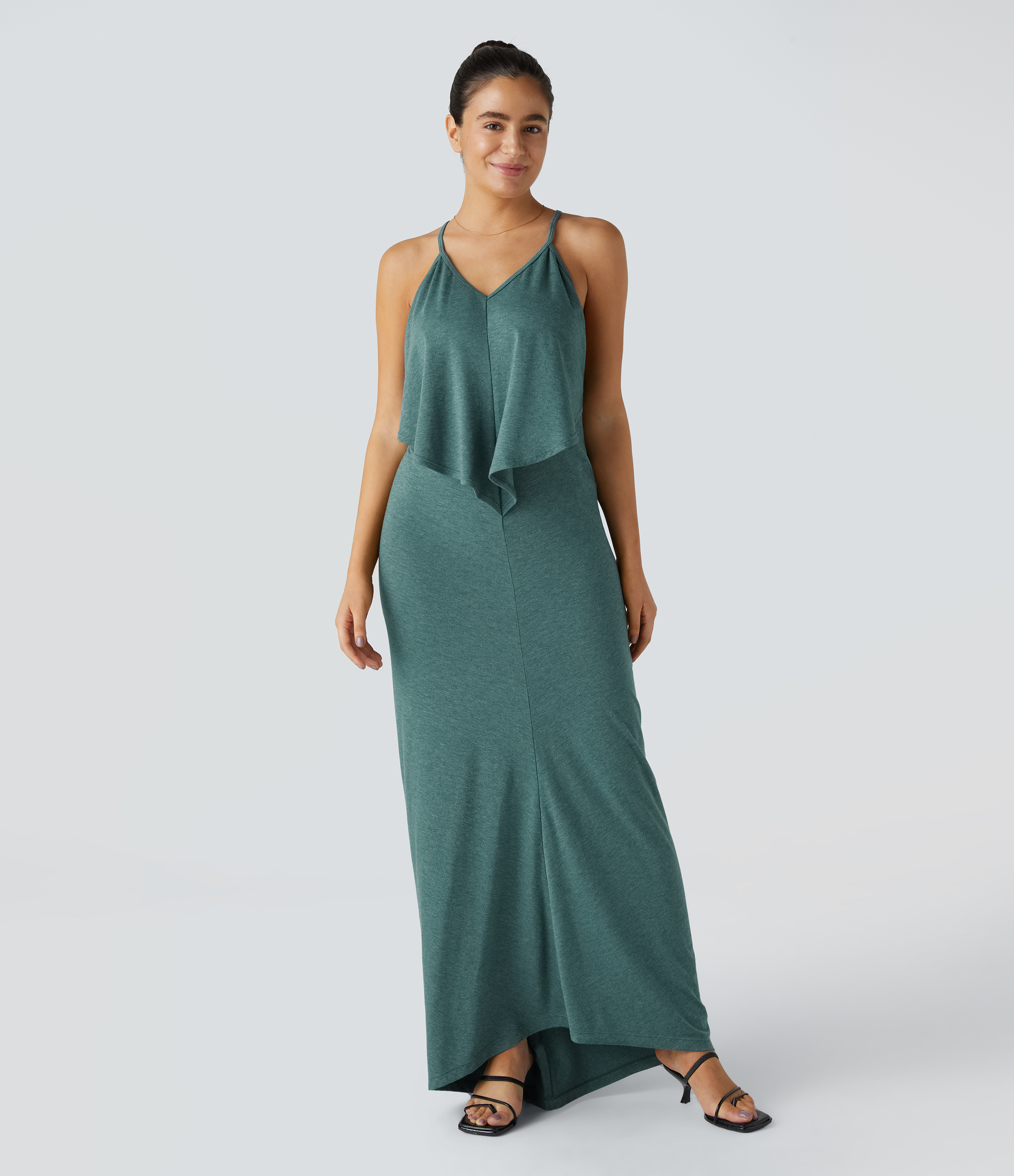 Halara V Neck Backless Tie Back Ruched Maxi Resort Slip Dress Casual Dress - Jade Green Floral Yarn - M slip dress beach dress ruched dress 