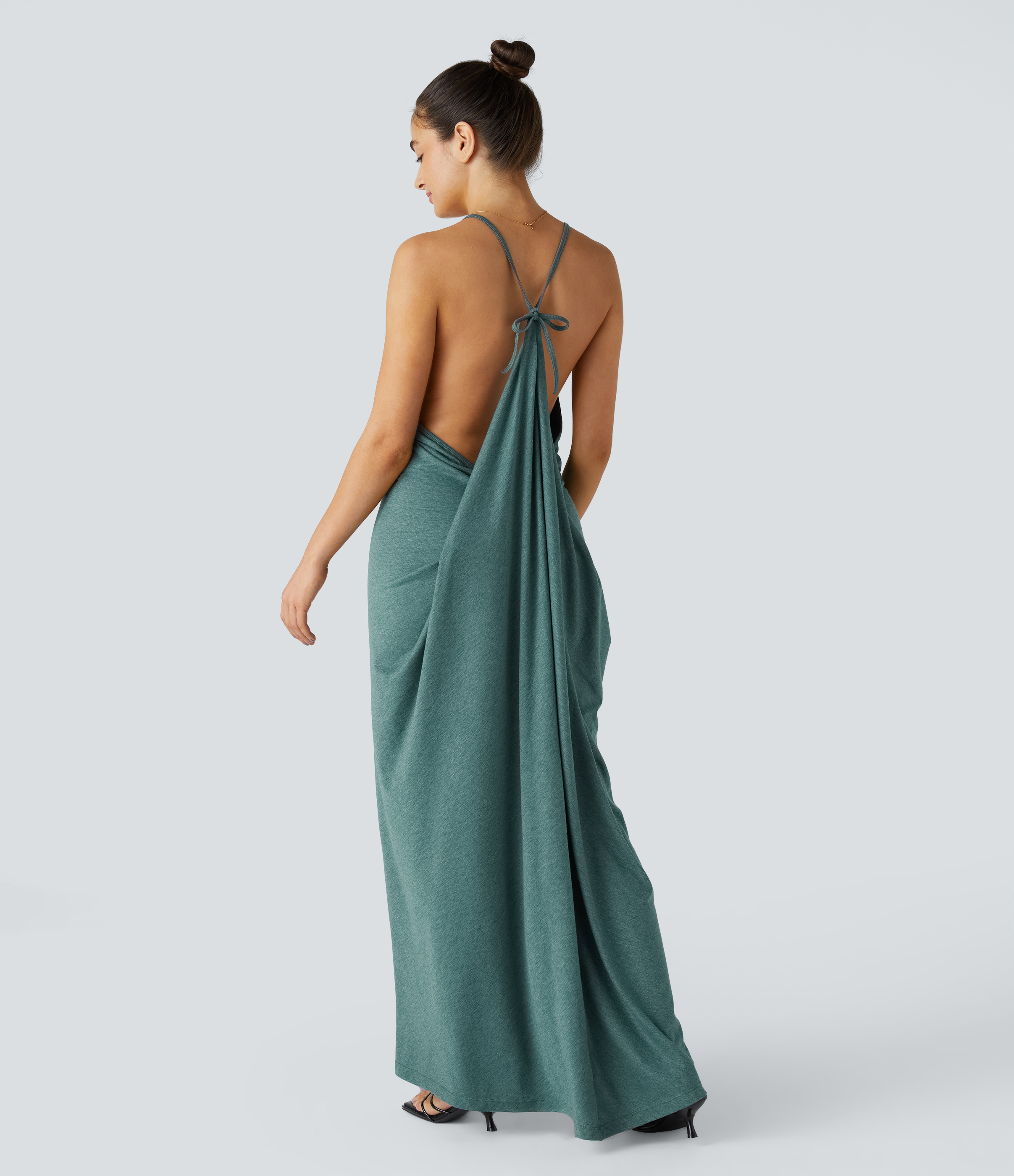 Halara V Neck Backless Tie Back Ruched Maxi Resort Slip Dress Casual Dress - Jade Green Floral Yarn - M slip dress beach dress ruched dress 