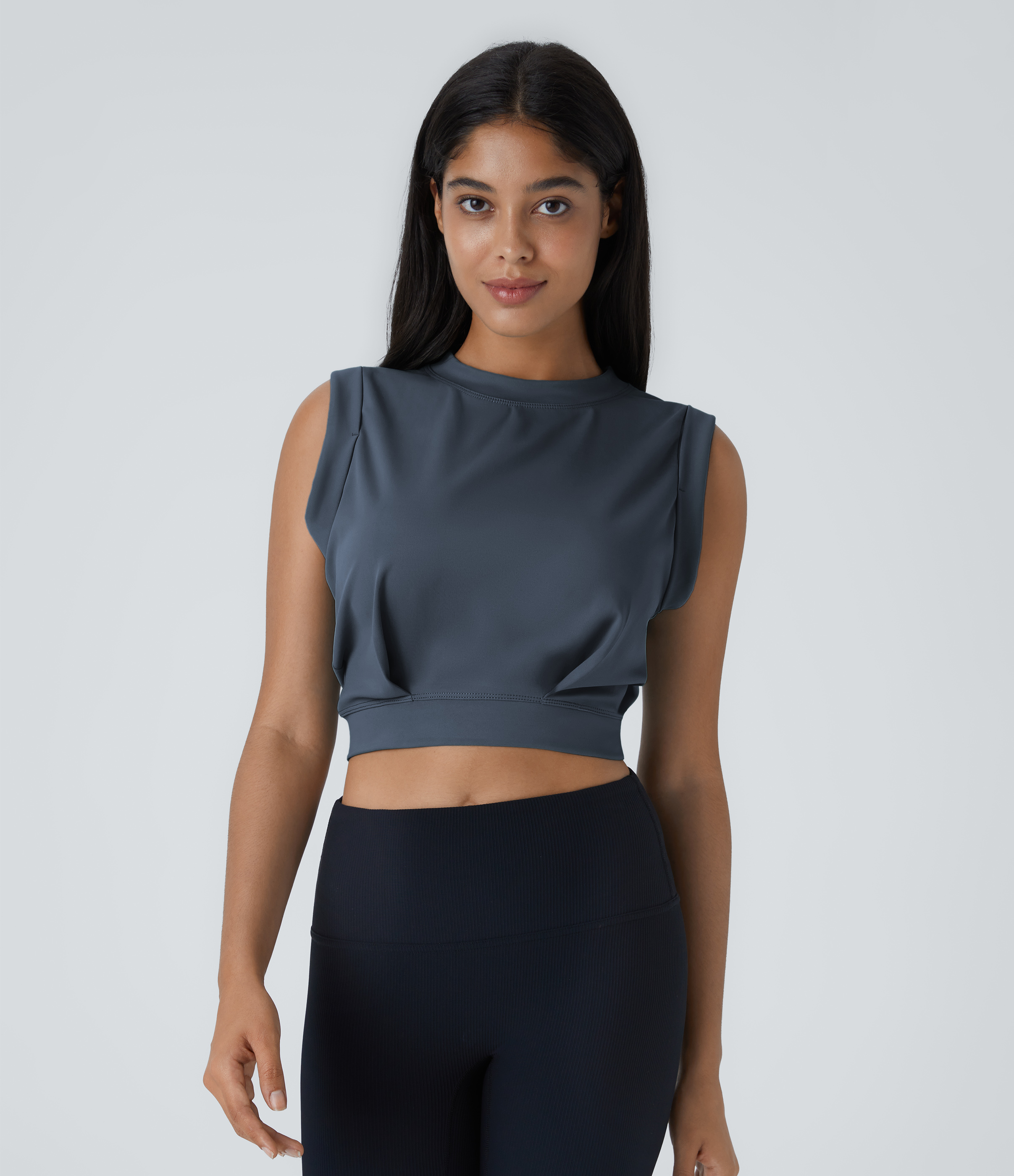 Halara Crew Neck Sleeveless Cropped Yoga Tank Top Tank Top - Deep Navy - L golf tops halter top tunic tops sleeveless tops backless top 