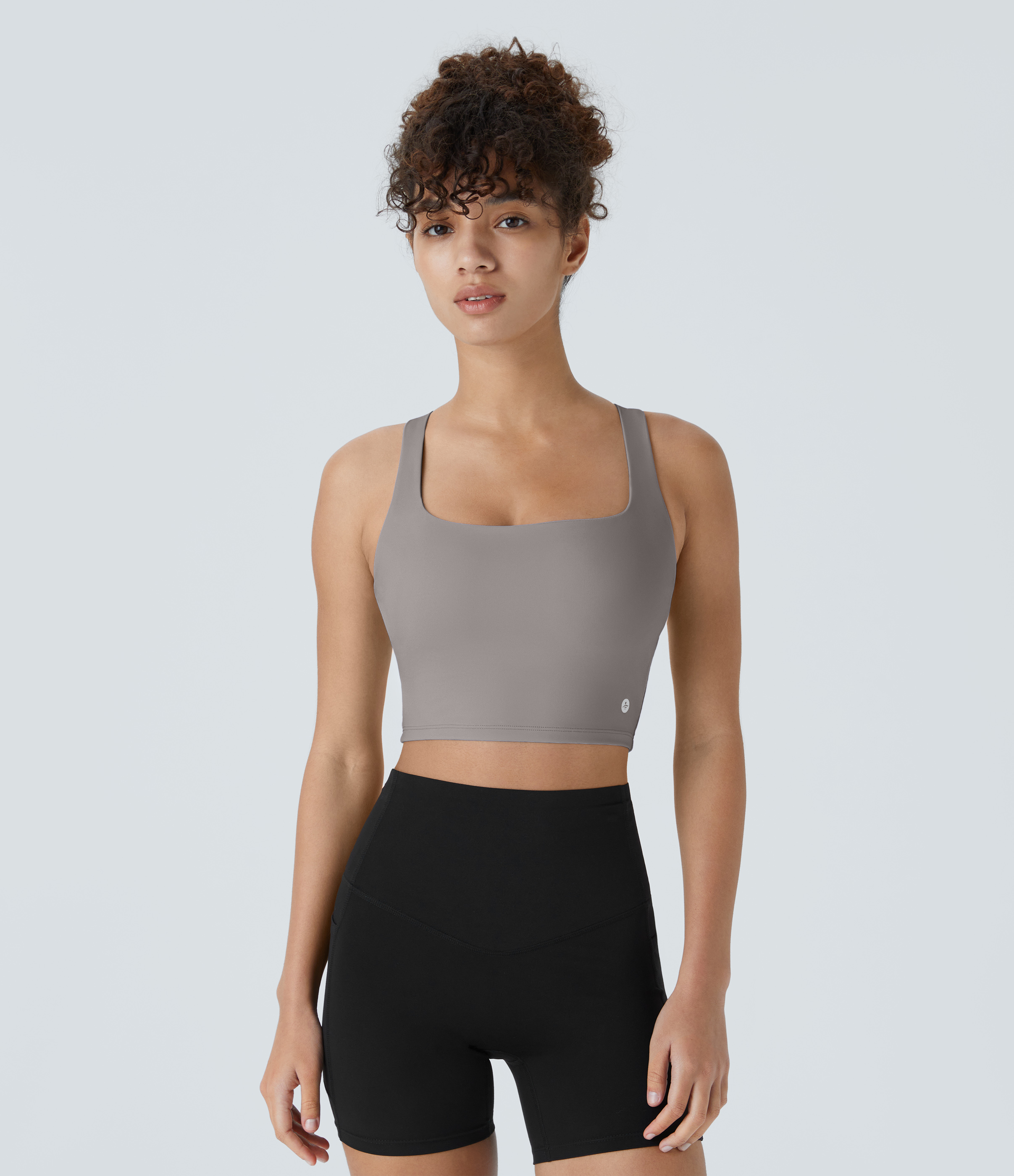 Halara Cloudfulв„ў Air Fabric Square Neck Backless Crisscross Cropped Cool Touch Yoga Tank Top Tank Top - Steel Gray - L golf tops halter top 