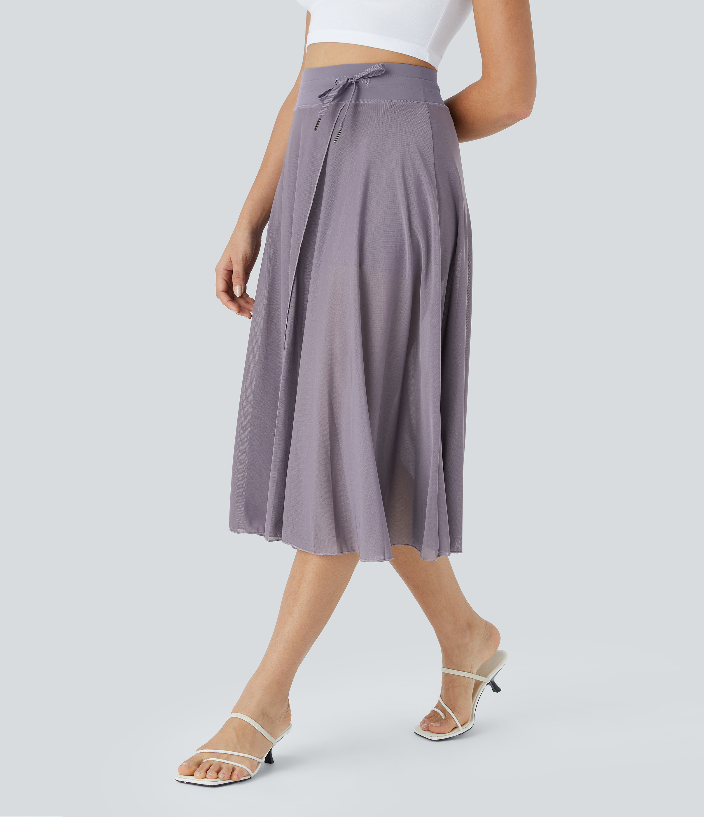 Halara High Waisted Drawstring Contrast Mesh 2-in-1 Side Pocket Flowy Midi Flare Casual Skirt  - Stardust Mauve - XL midi skirt a line skirt 