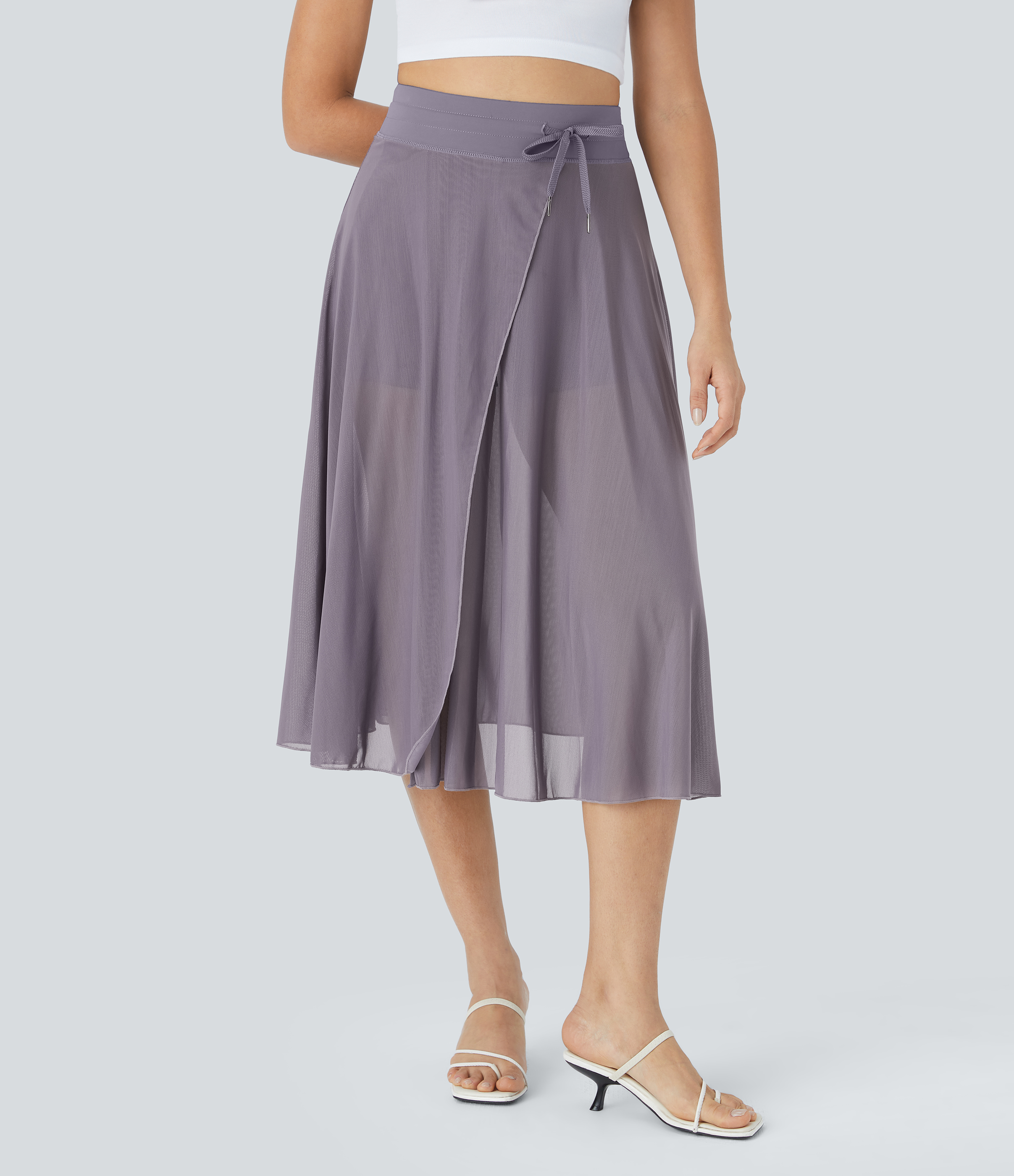 Halara High Waisted Drawstring Contrast Mesh 2-in-1 Side Pocket Flowy Midi Flare Casual Skirt  - Stardust Mauve - XL midi skirt a line skirt 