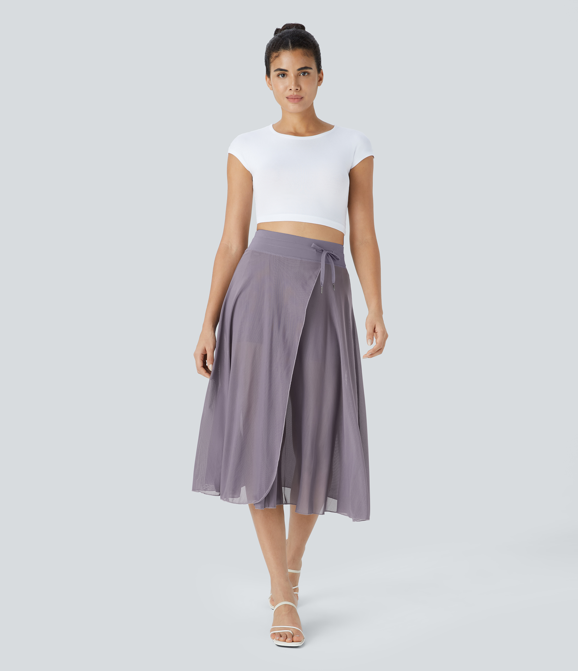 Halara High Waisted Drawstring Contrast Mesh 2-in-1 Side Pocket Flowy Midi Flare Casual Skirt  - Stardust Mauve - XL midi skirt a line skirt 