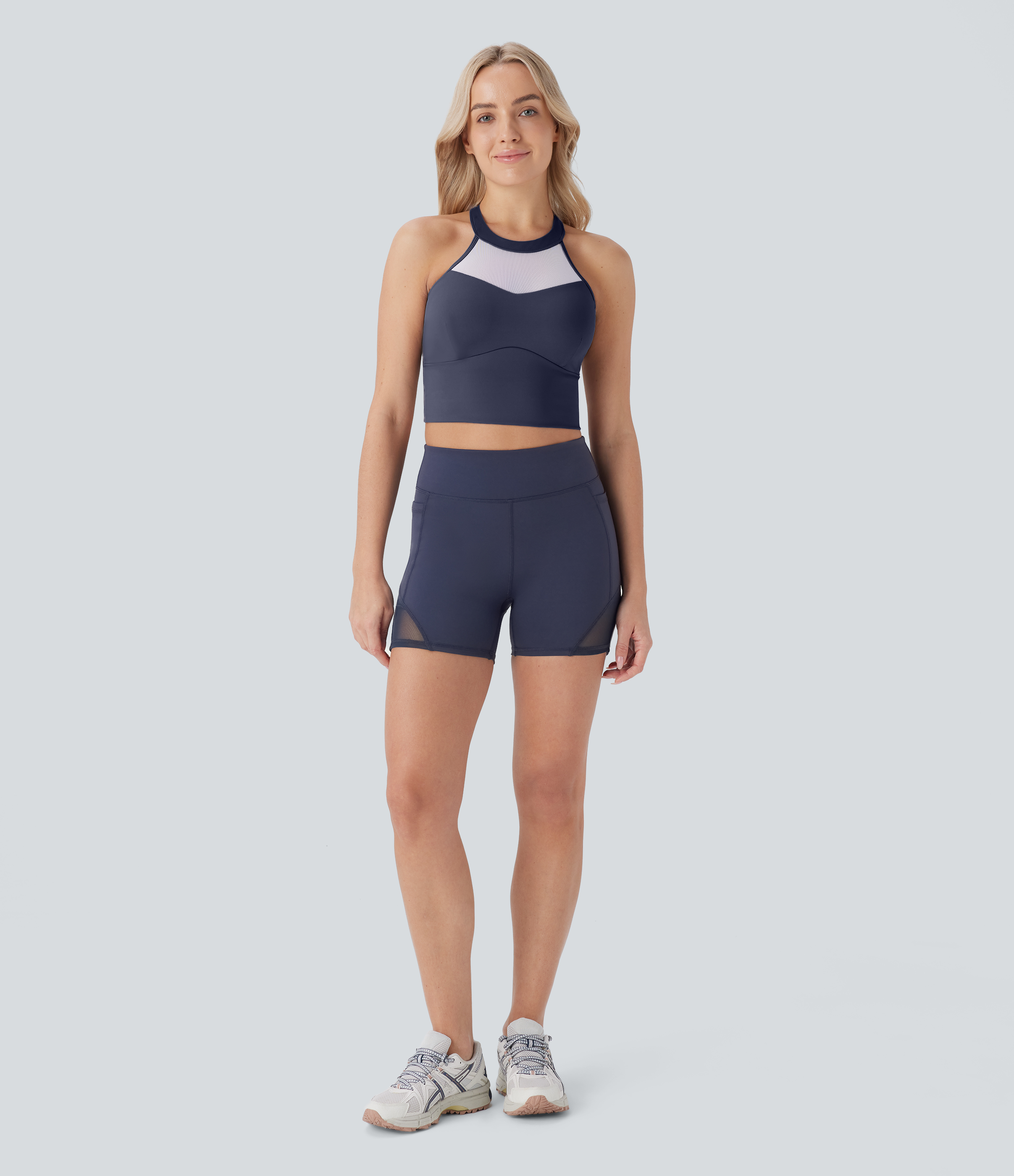 Halara HaloTek Airв„ў High Waisted Side Pocket Contrast Mesh Yoga Biker Shorts 4``  - Midnight Blue - XL biker shorts women black biker shorts 