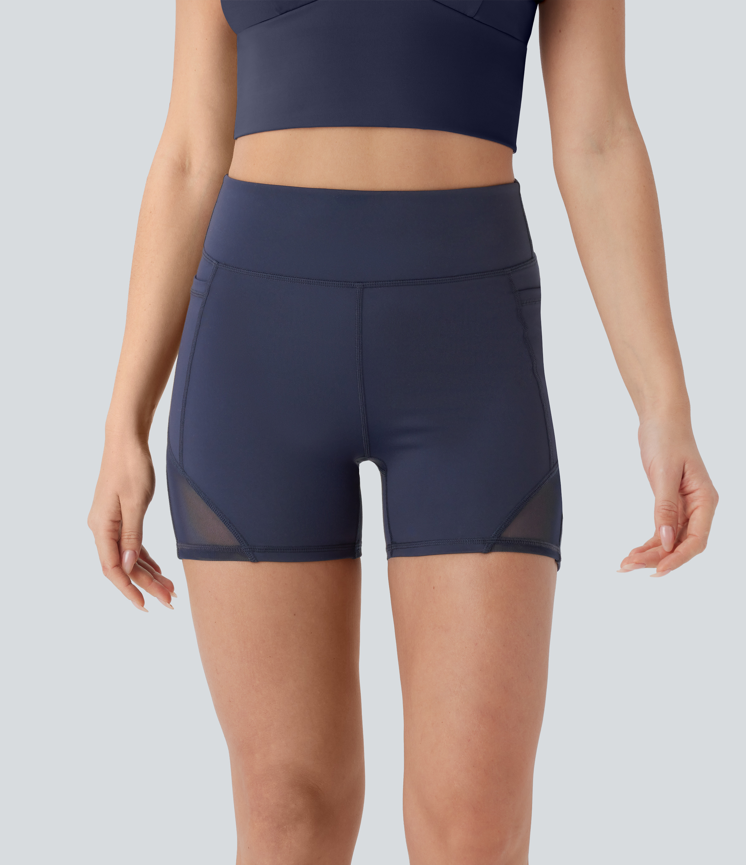 Halara HaloTek Airв„ў High Waisted Side Pocket Contrast Mesh Yoga Biker Shorts 4``  - Midnight Blue - XL biker shorts women black biker shorts 