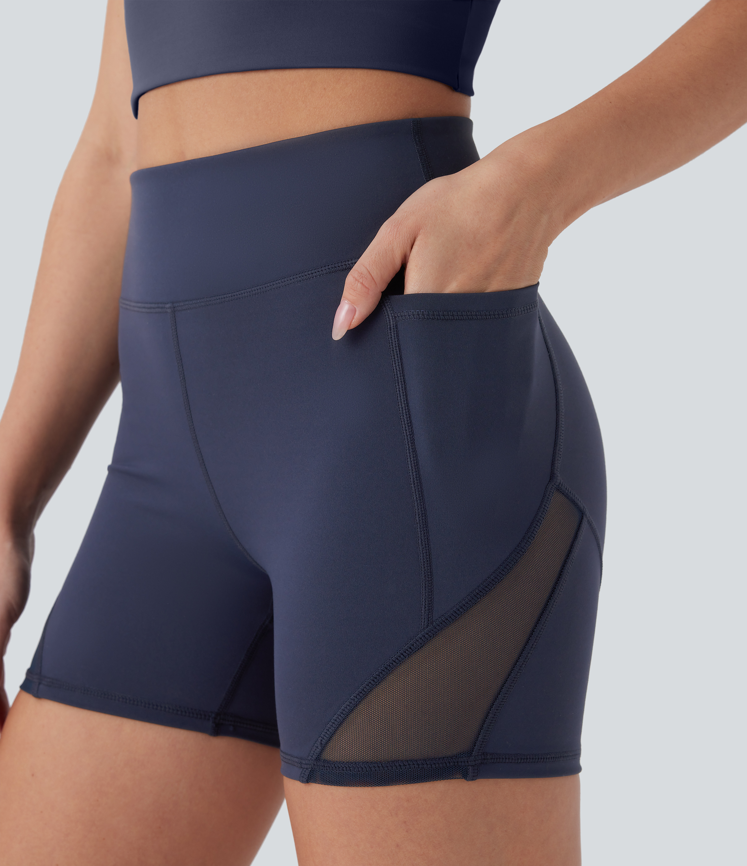 Halara HaloTek Airв„ў High Waisted Side Pocket Contrast Mesh Yoga Biker Shorts 4``  - Midnight Blue - XL biker shorts women black biker shorts 