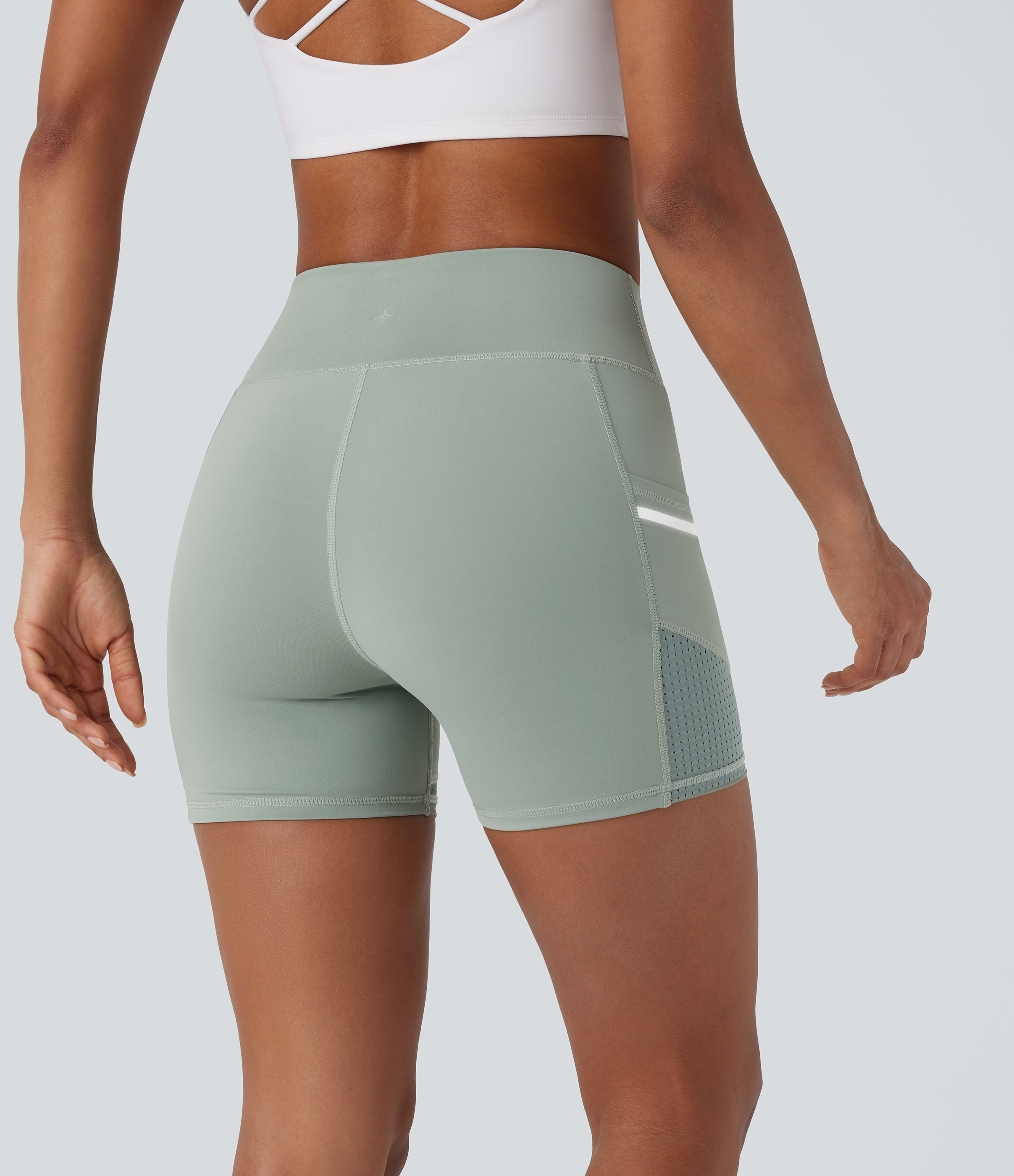 Halara Softlyzeroв„ў Airy High Waisted Reflective Line Contrast Perforated Side Pocket Cool Touch Yoga Biker Shorts 4``  - Basil Green - XS 