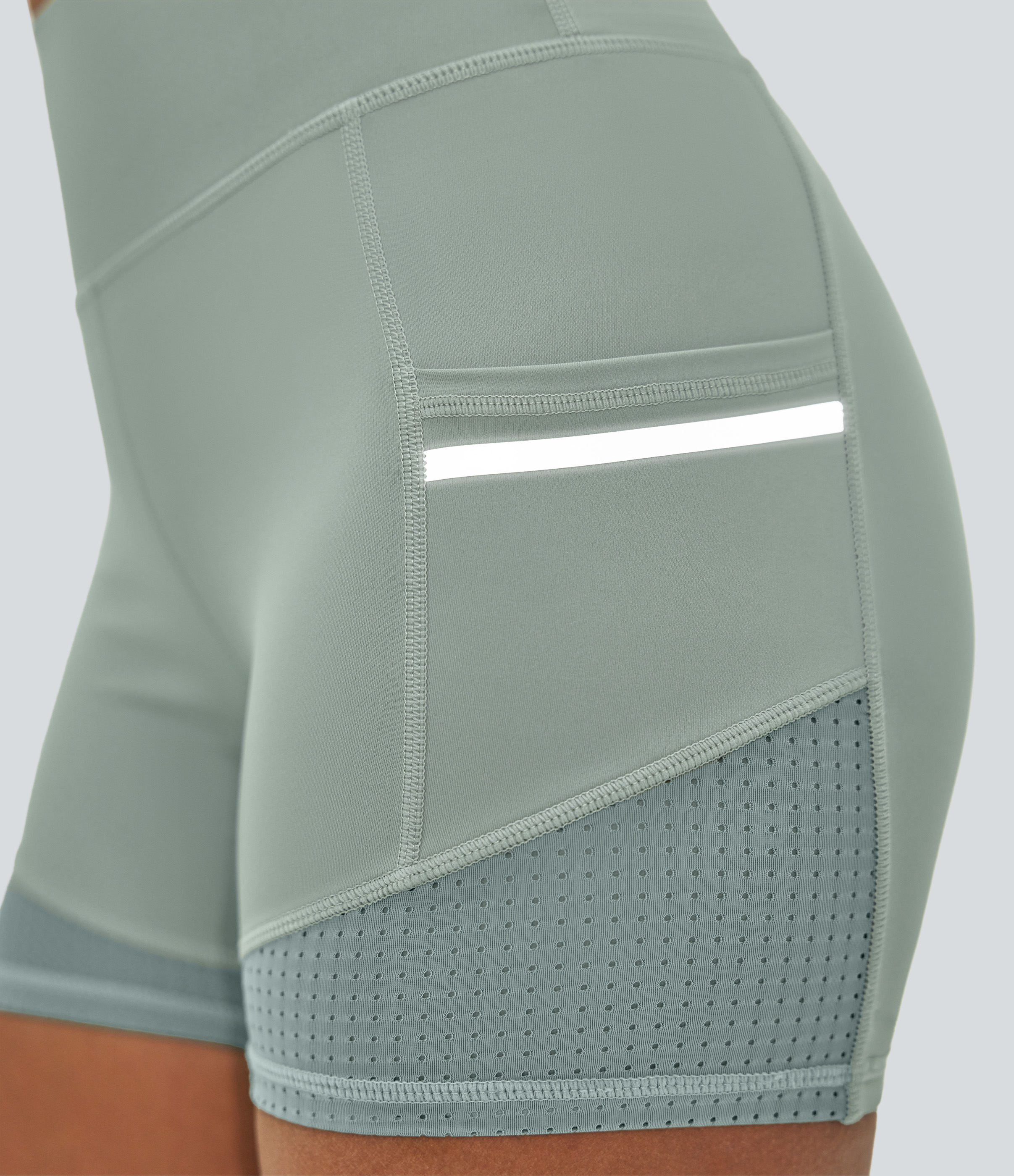 Halara Softlyzeroв„ў Airy High Waisted Reflective Line Contrast Perforated Side Pocket Cool Touch Yoga Biker Shorts 4``  - Basil Green - XS 