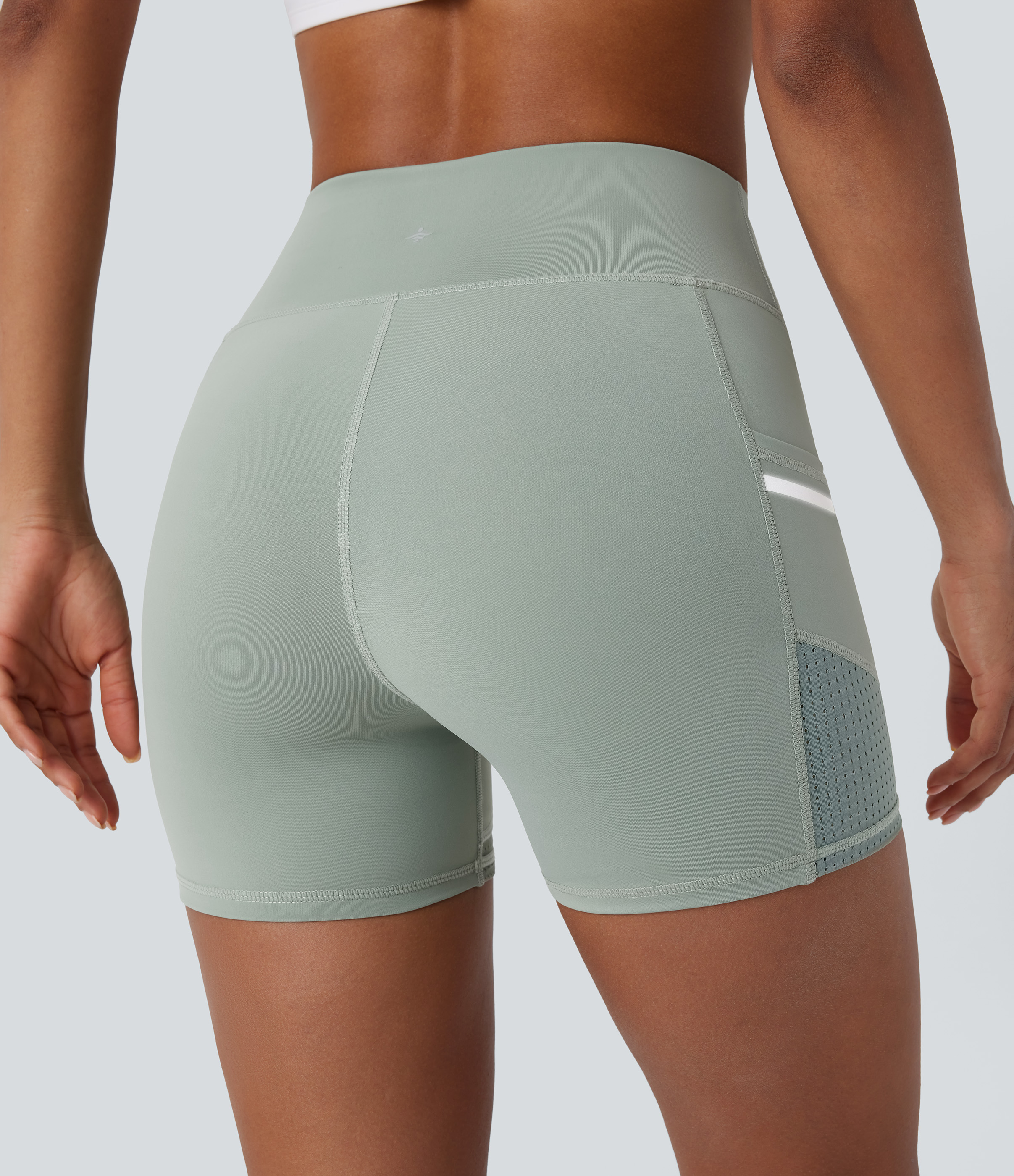 Halara Softlyzeroв„ў Airy High Waisted Reflective Line Contrast Perforated Side Pocket Cool Touch Yoga Biker Shorts 4``  - Basil Green - XS 