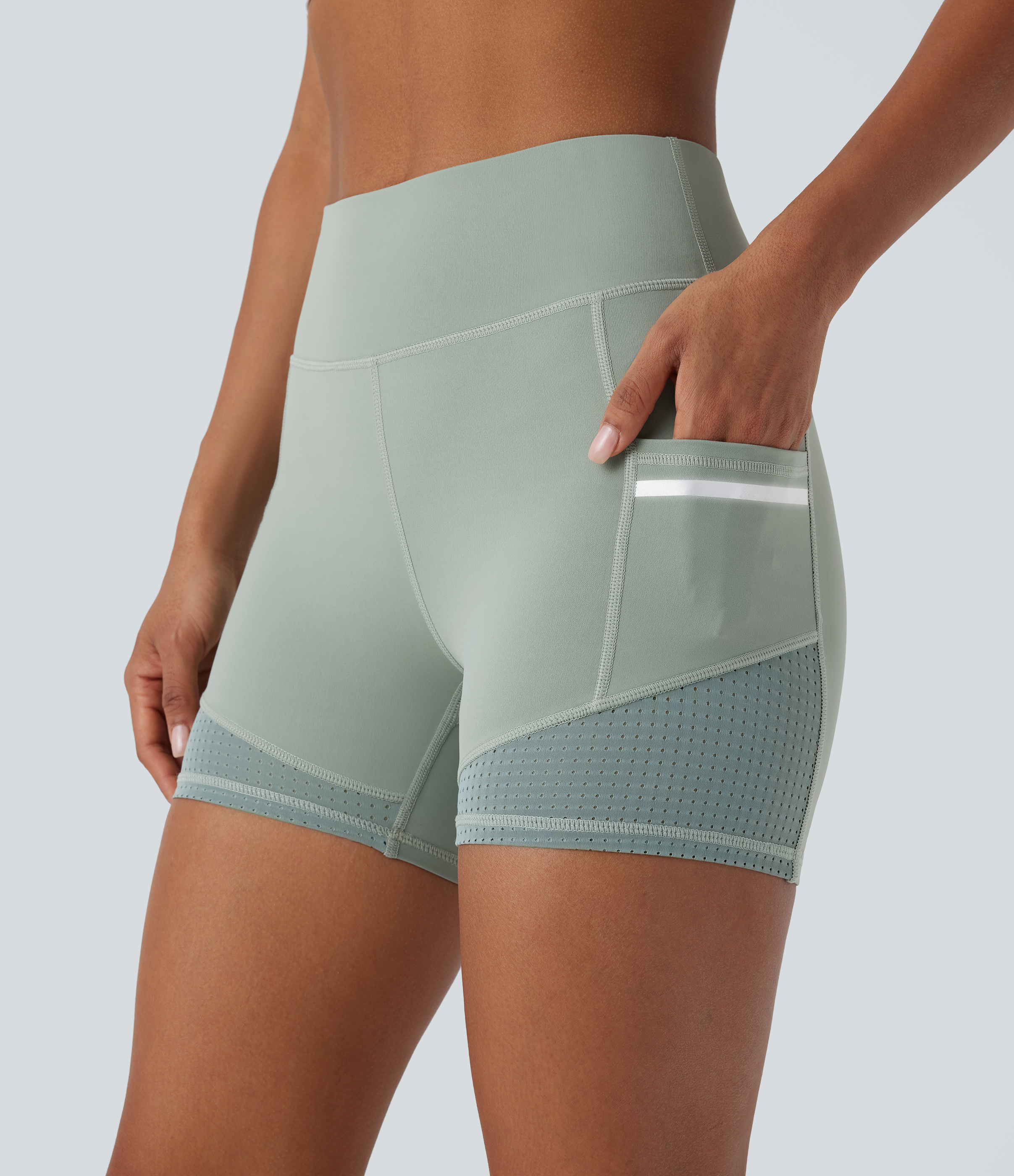 Halara Softlyzeroв„ў Airy High Waisted Reflective Line Contrast Perforated Side Pocket Cool Touch Yoga Biker Shorts 4``  - Basil Green - XS 