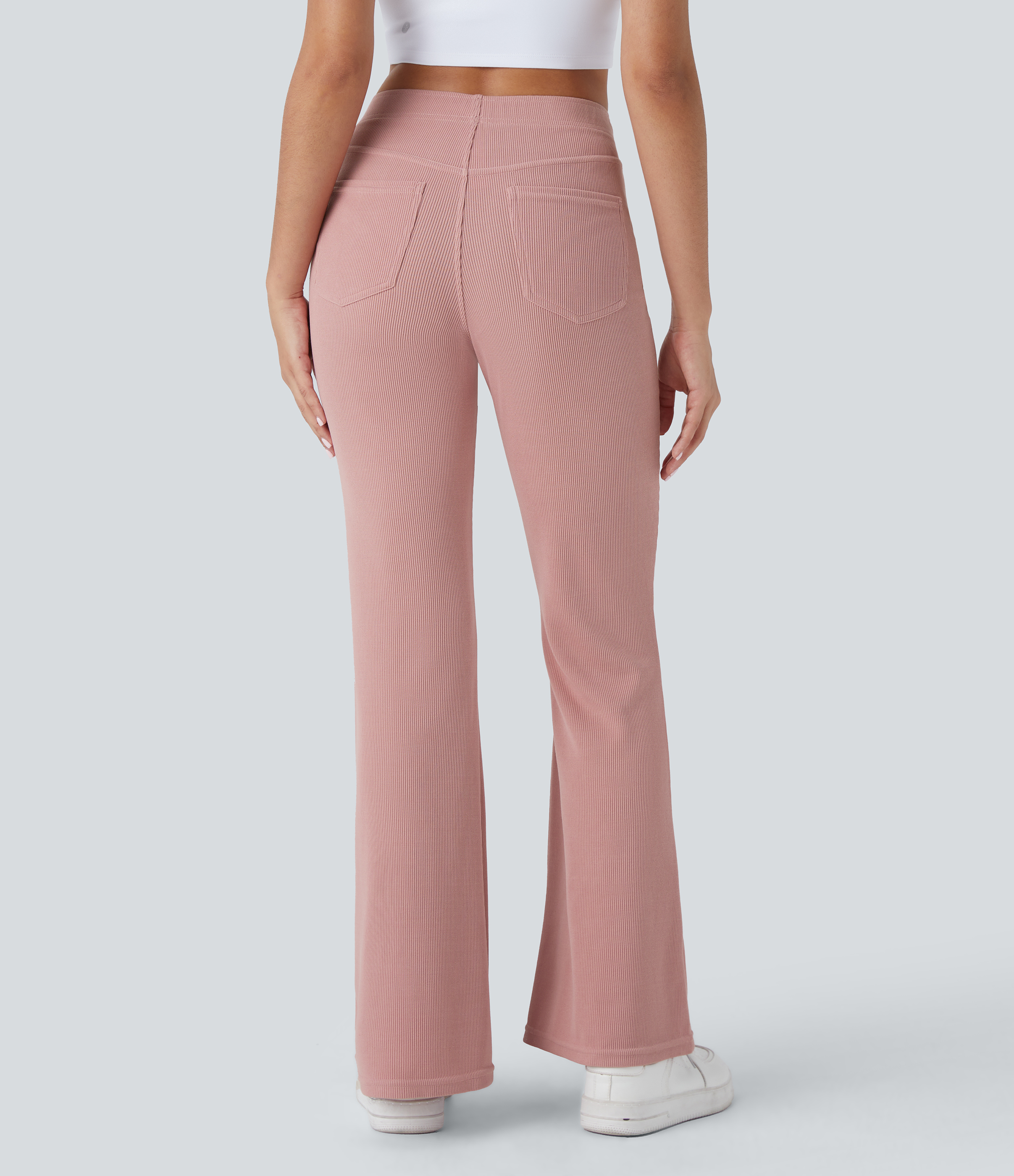 Halara Ribbed Mid Rise Multiple Pockets Solid Casual Flare Pants  - Mellow Rose - M(regular) sweatpants jogger pants stacked sweatpants 