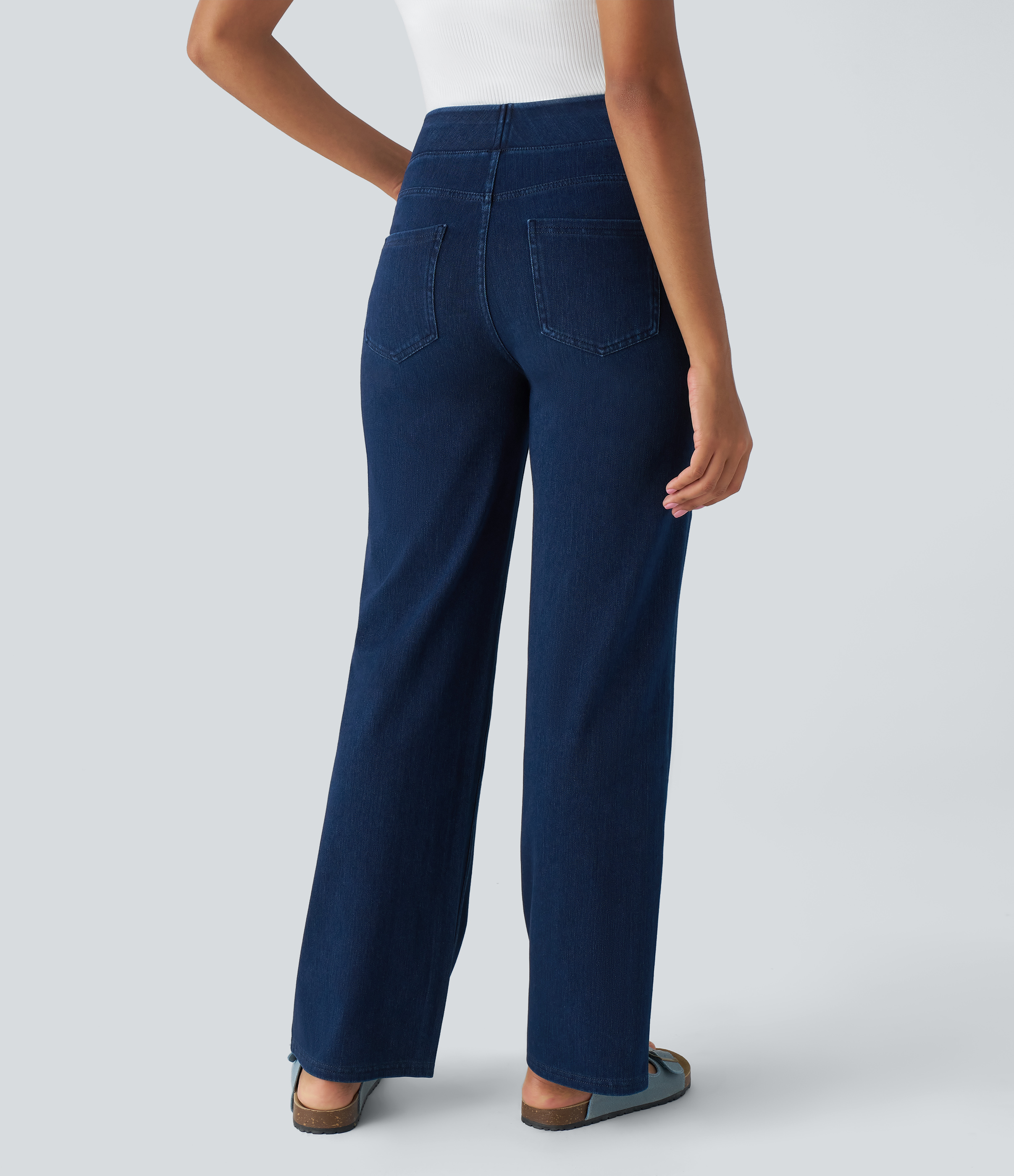 Halara HalaraMagicв„ў Jeans High Waisted Multiple Pockets Straight Leg Stretchy Knit Denim Work Pants  - Denim Indigo - S(regular) sweatpants 