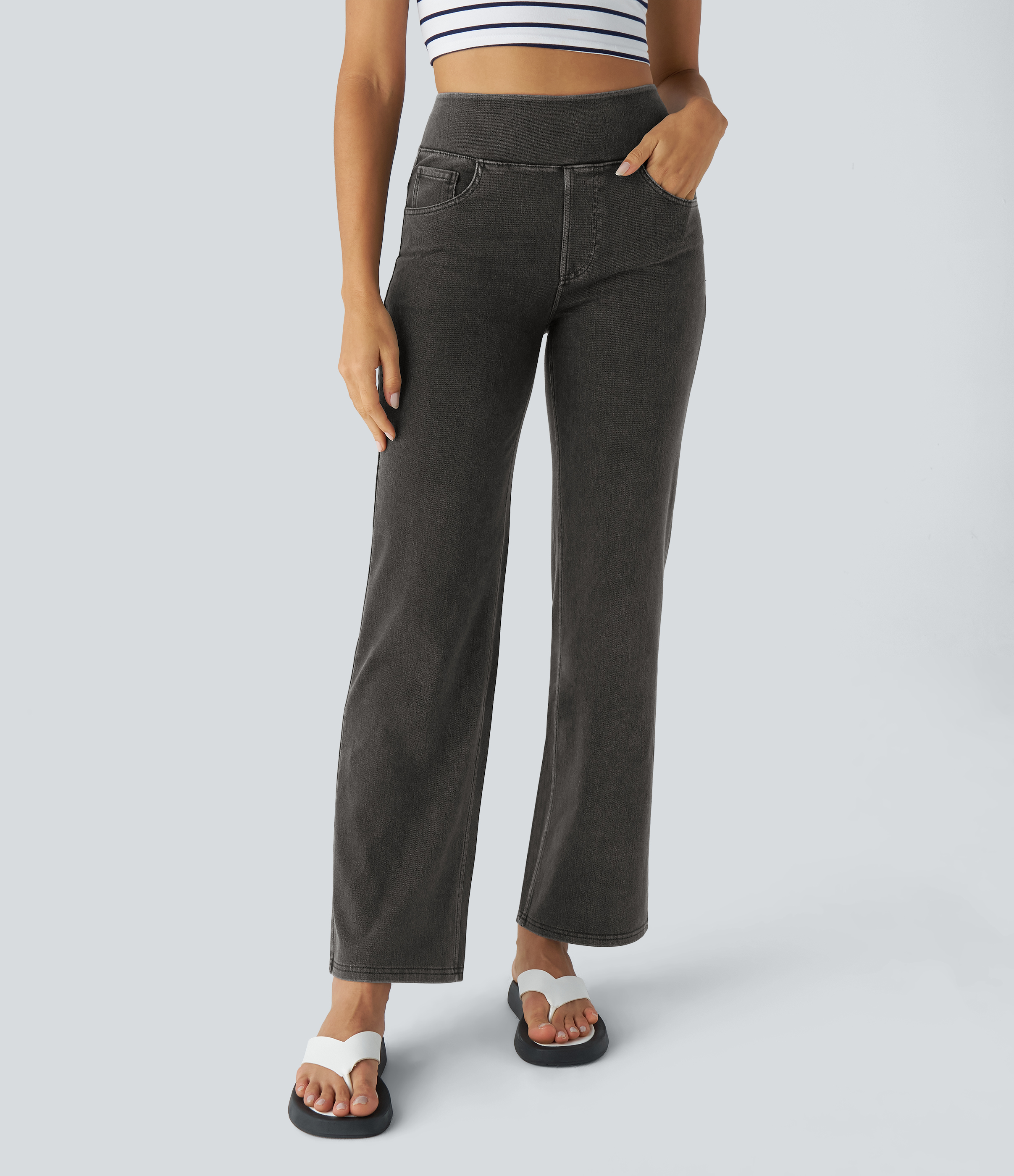 Halara HalaraMagicв„ў Jeans High Waisted Multiple Pockets Straight Leg Stretchy Knit Denim Work Pants  - Denim Black - XL(regular) sweatpants 