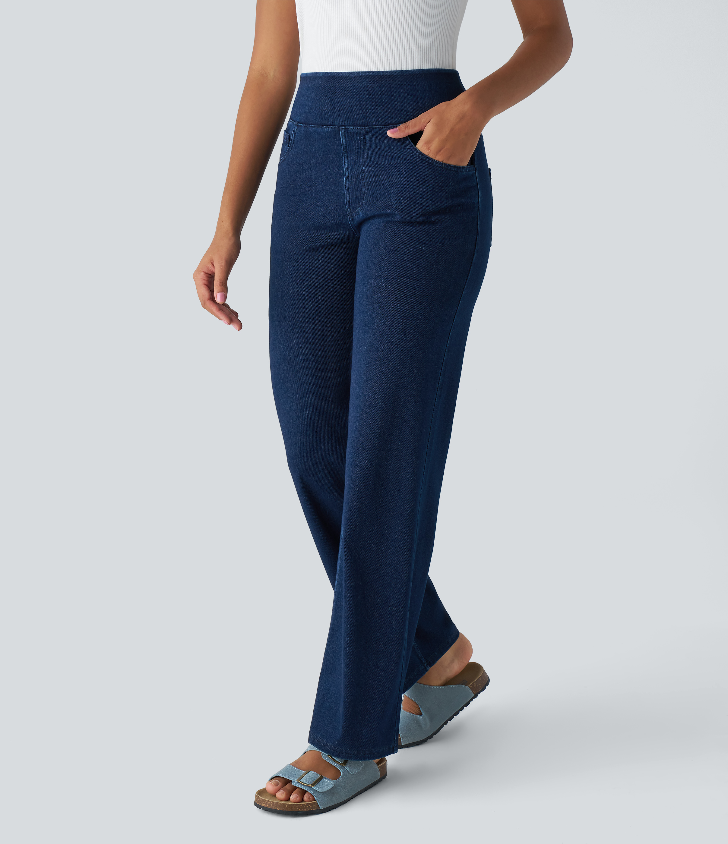 Halara HalaraMagicв„ў Jeans High Waisted Multiple Pockets Straight Leg Stretchy Knit Denim Work Pants  - Denim Indigo - S(regular) sweatpants 