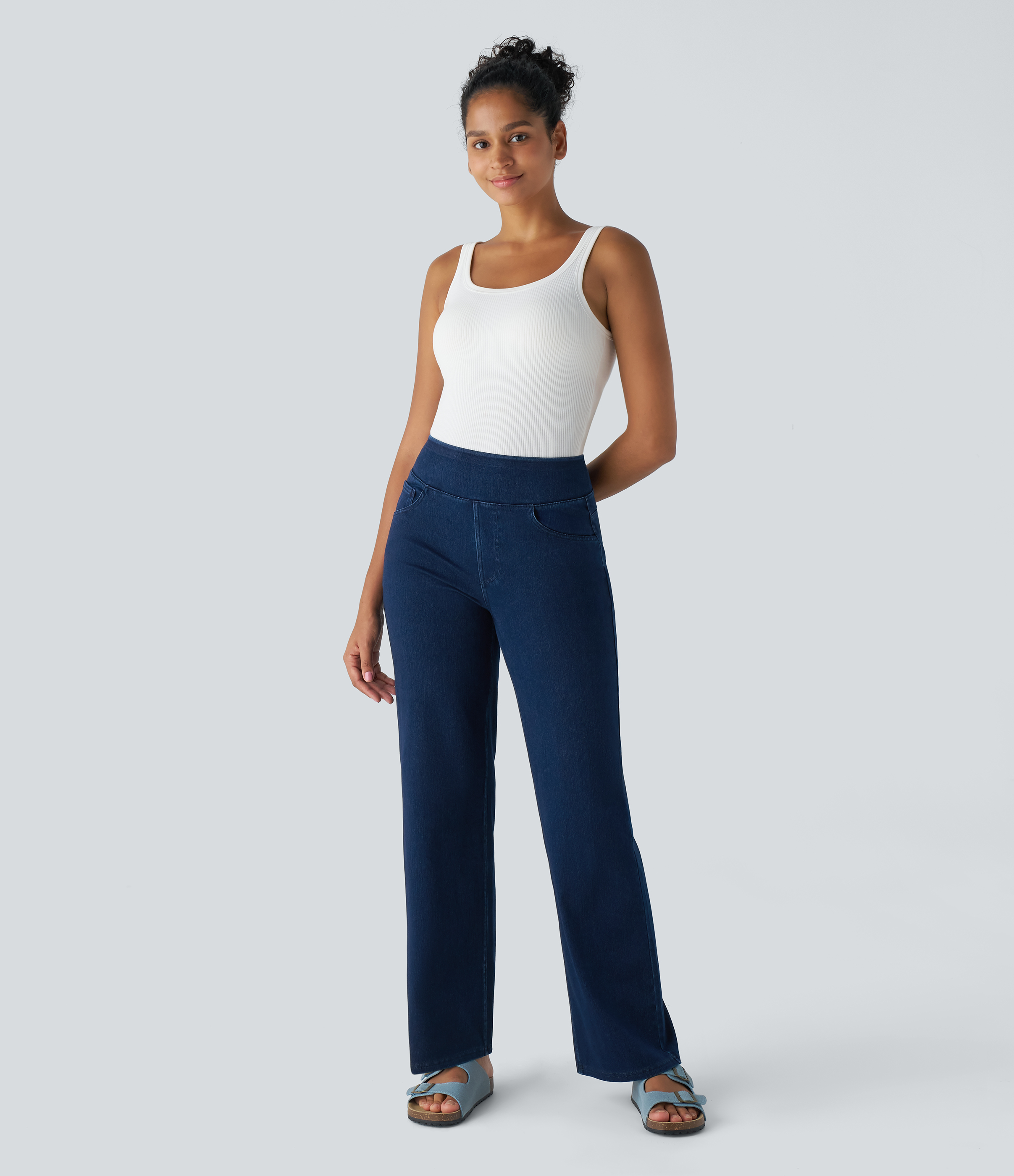 Halara HalaraMagicв„ў Jeans High Waisted Multiple Pockets Straight Leg Stretchy Knit Denim Work Pants  - Denim Indigo - S(regular) sweatpants 