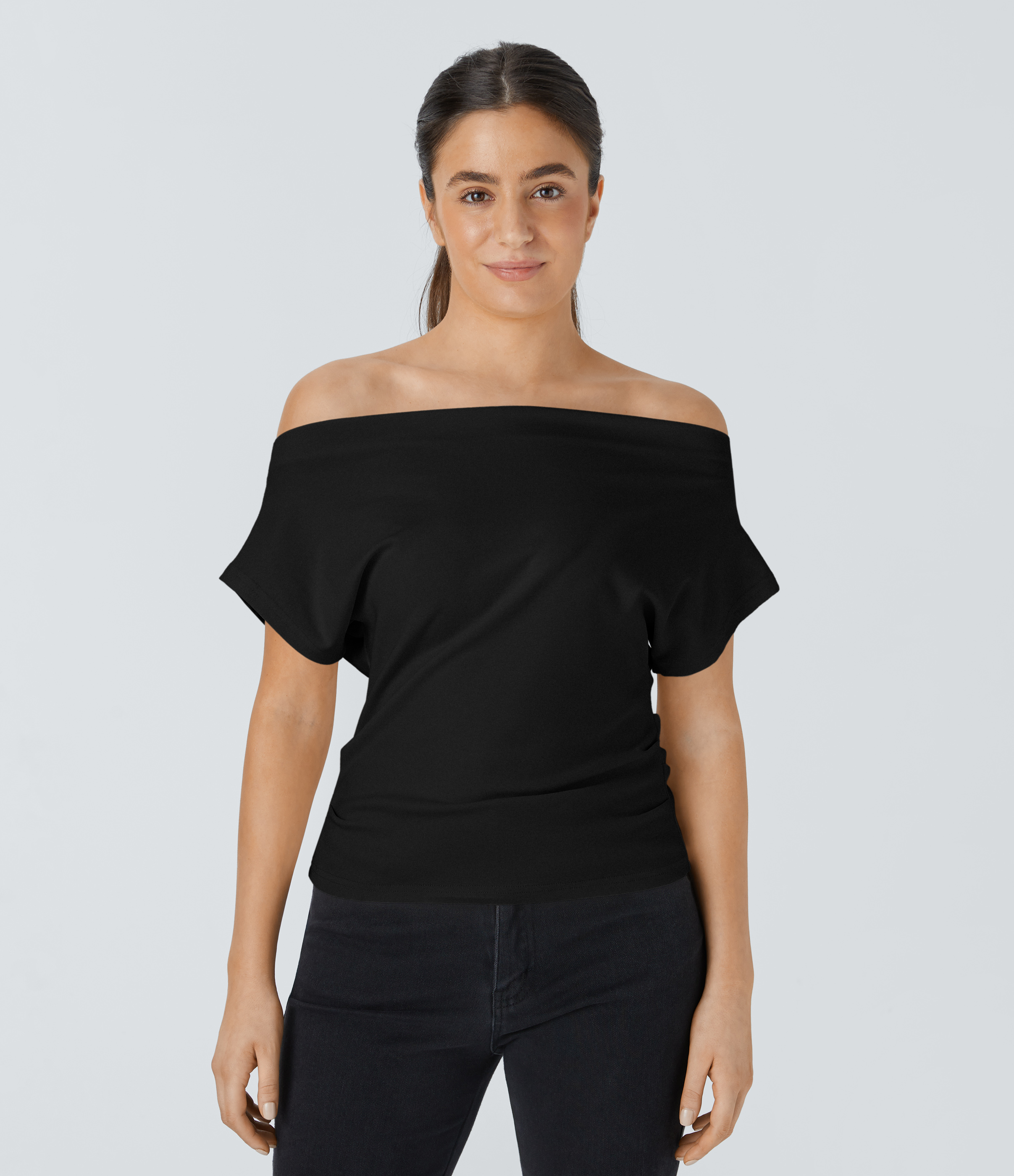 Halara Off Shoulder Short Sleeve Ruched Casual Cotton Top Tank Top - Black - S golf tops halter top tunic tops sleeveless tops backless top 