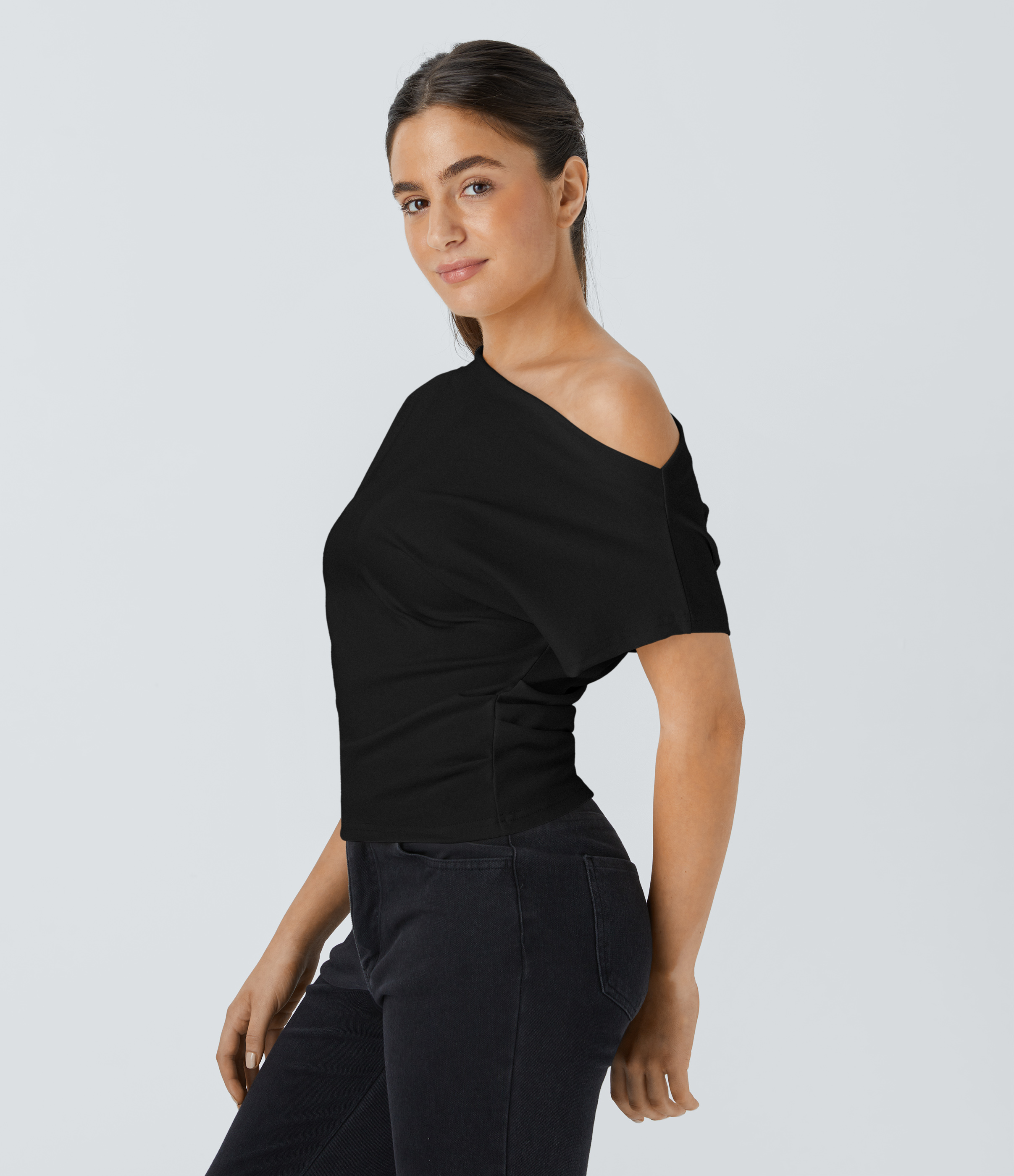 Halara Off Shoulder Short Sleeve Ruched Casual Cotton Top Tank Top - Black - S golf tops halter top tunic tops sleeveless tops backless top 