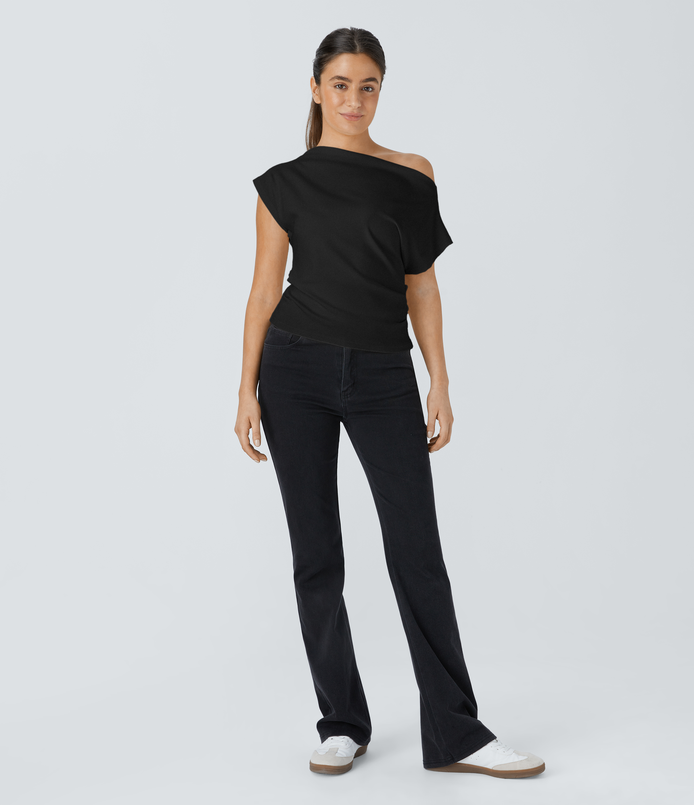 Halara Off Shoulder Short Sleeve Ruched Casual Cotton Top Tank Top - Black - S golf tops halter top tunic tops sleeveless tops backless top 