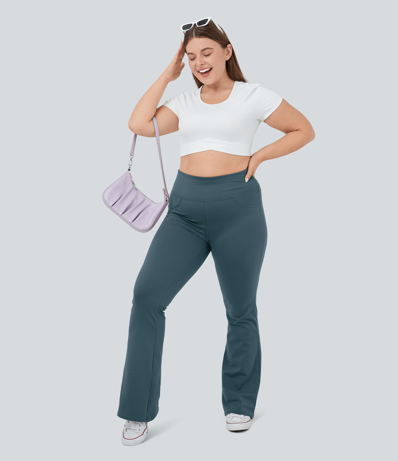 Halara High Waisted Back Pocket Flare Yoga Plus Size Leggings  - Misty Cyan Blue - 2X(regular) 