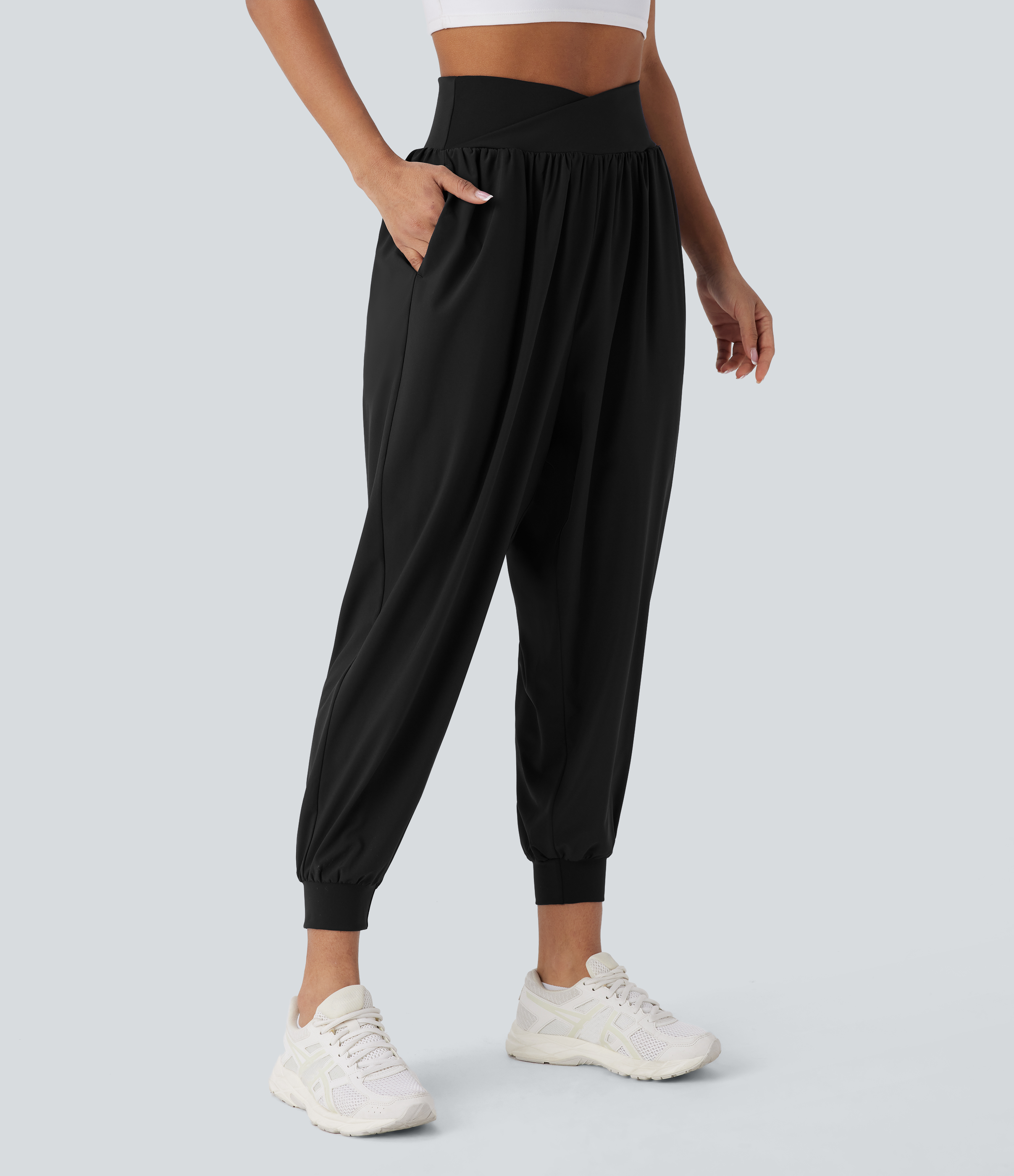 Halara Breezefulв„ў Crossover High Waisted Side Pockets Quick Dry Yoga Joggers  - Black - L(regular) 