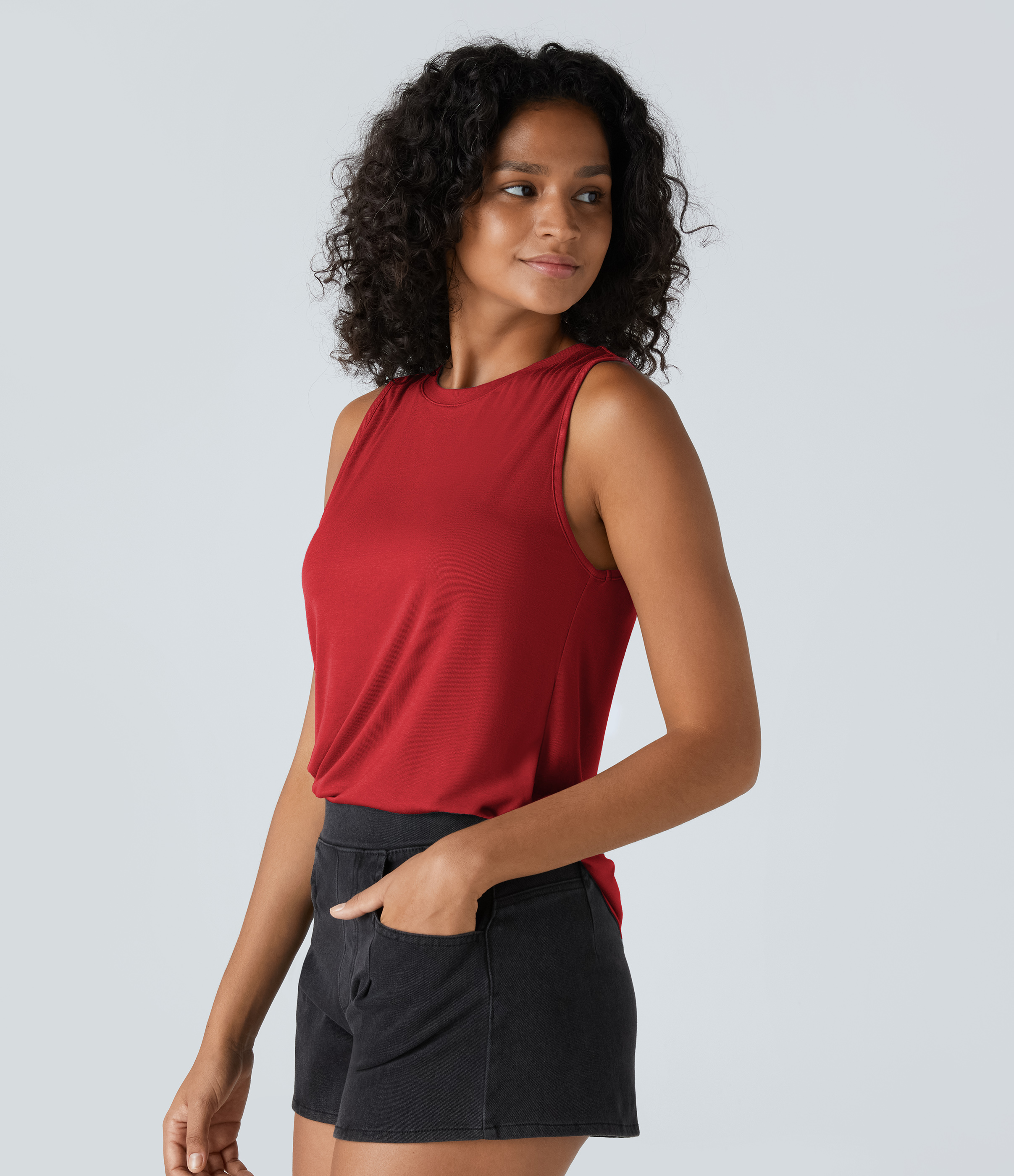 Halara Ribbed Round Neck Basic Casual Tank Top Tank Top - Rubicondo - L golf tops halter top tunic tops sleeveless tops backless top 