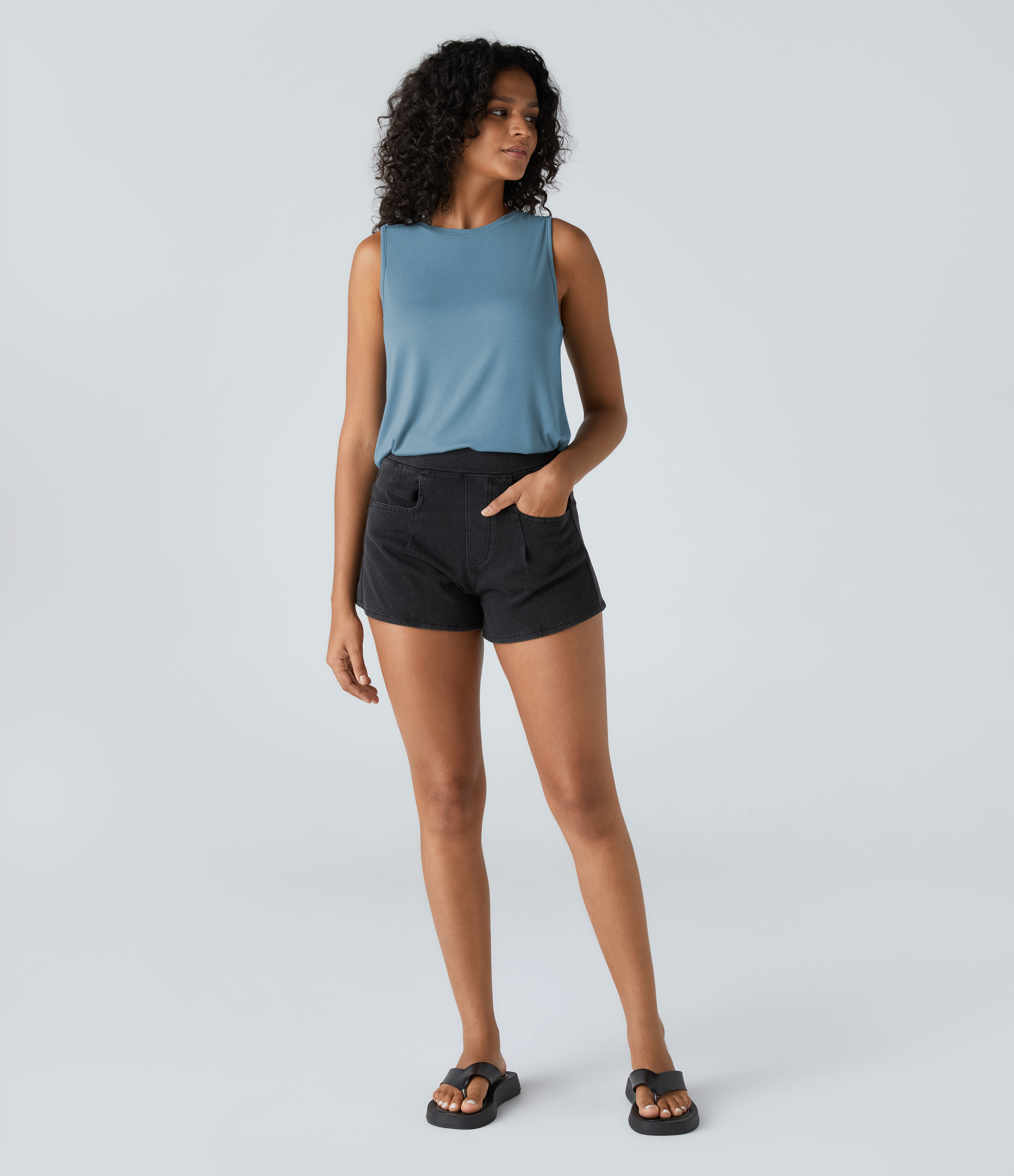 Halara Ribbed Round Neck Basic Casual Tank Top Tank Top - Rainy Sky Blue - XS golf tops halter top tunic tops sleeveless tops backless top 