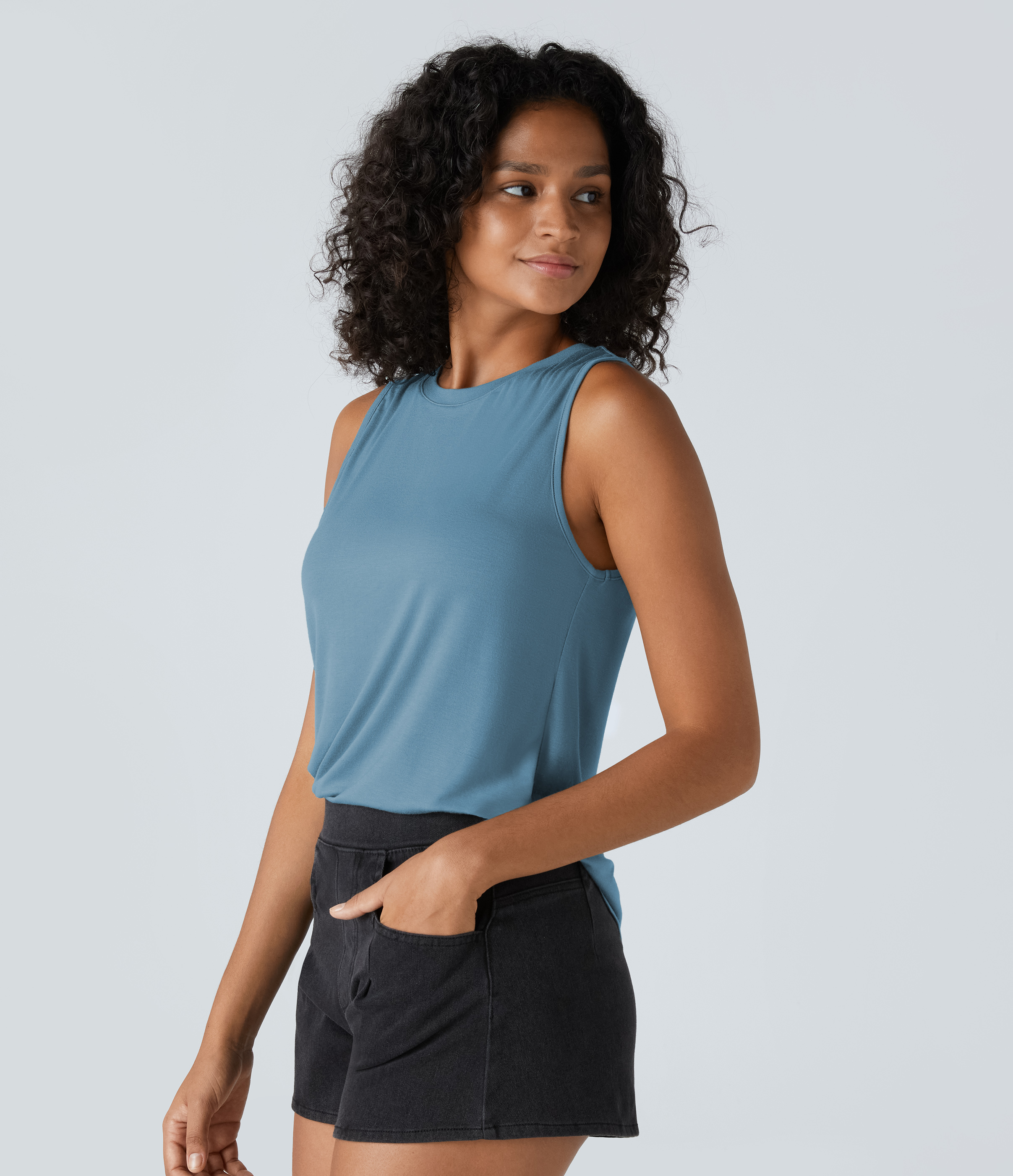 Halara Ribbed Round Neck Basic Casual Tank Top Tank Top - Rainy Sky Blue - XS golf tops halter top tunic tops sleeveless tops backless top 