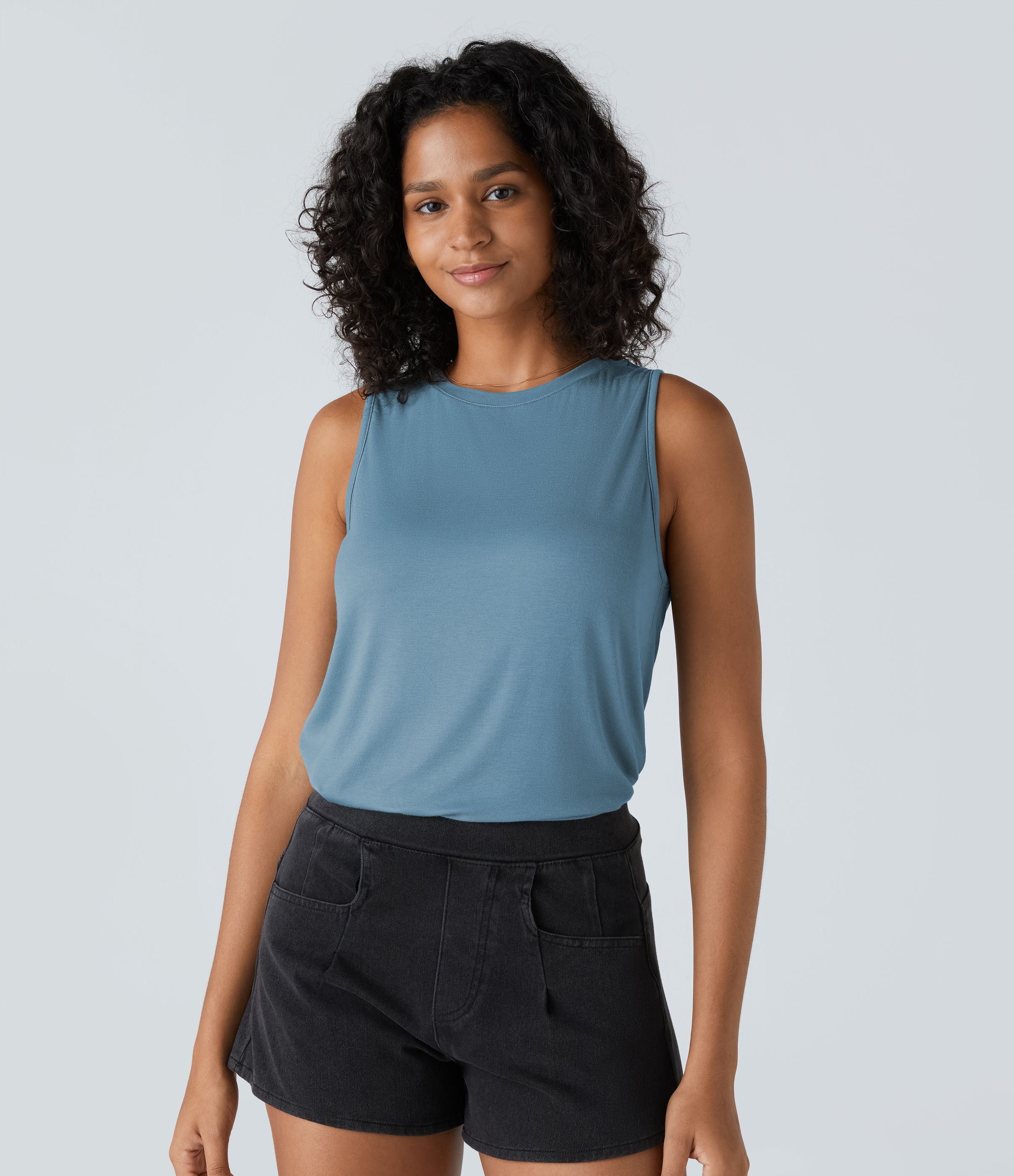 Halara Ribbed Round Neck Basic Casual Tank Top Tank Top - Rainy Sky Blue - XS golf tops halter top tunic tops sleeveless tops backless top 