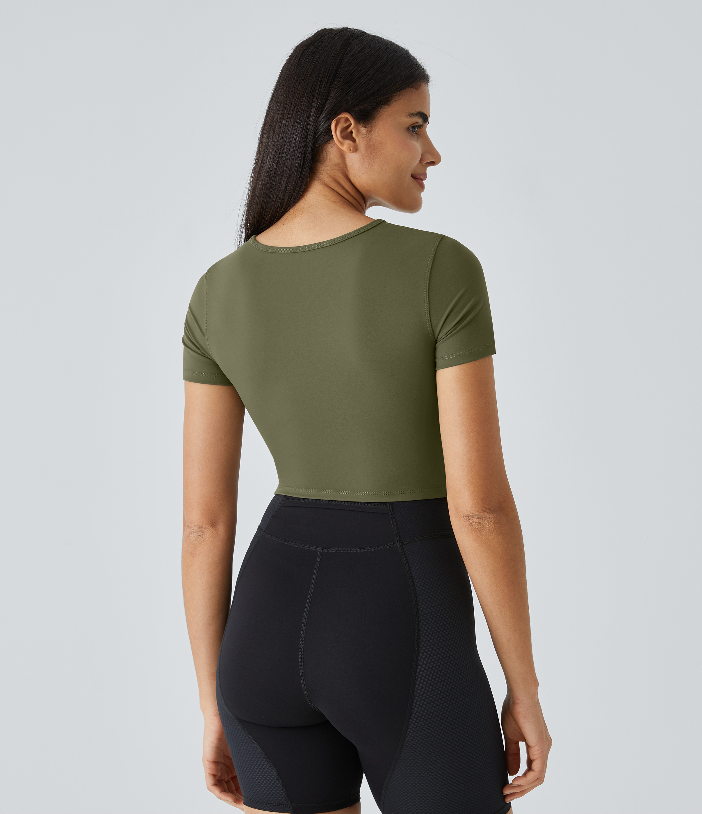 Halara Cloudfulв„ў Fabric Round Neck Cut Out Short Sleeve Cropped Barre Ballet Dance Sports Top  - Grass Grey Green - XS 