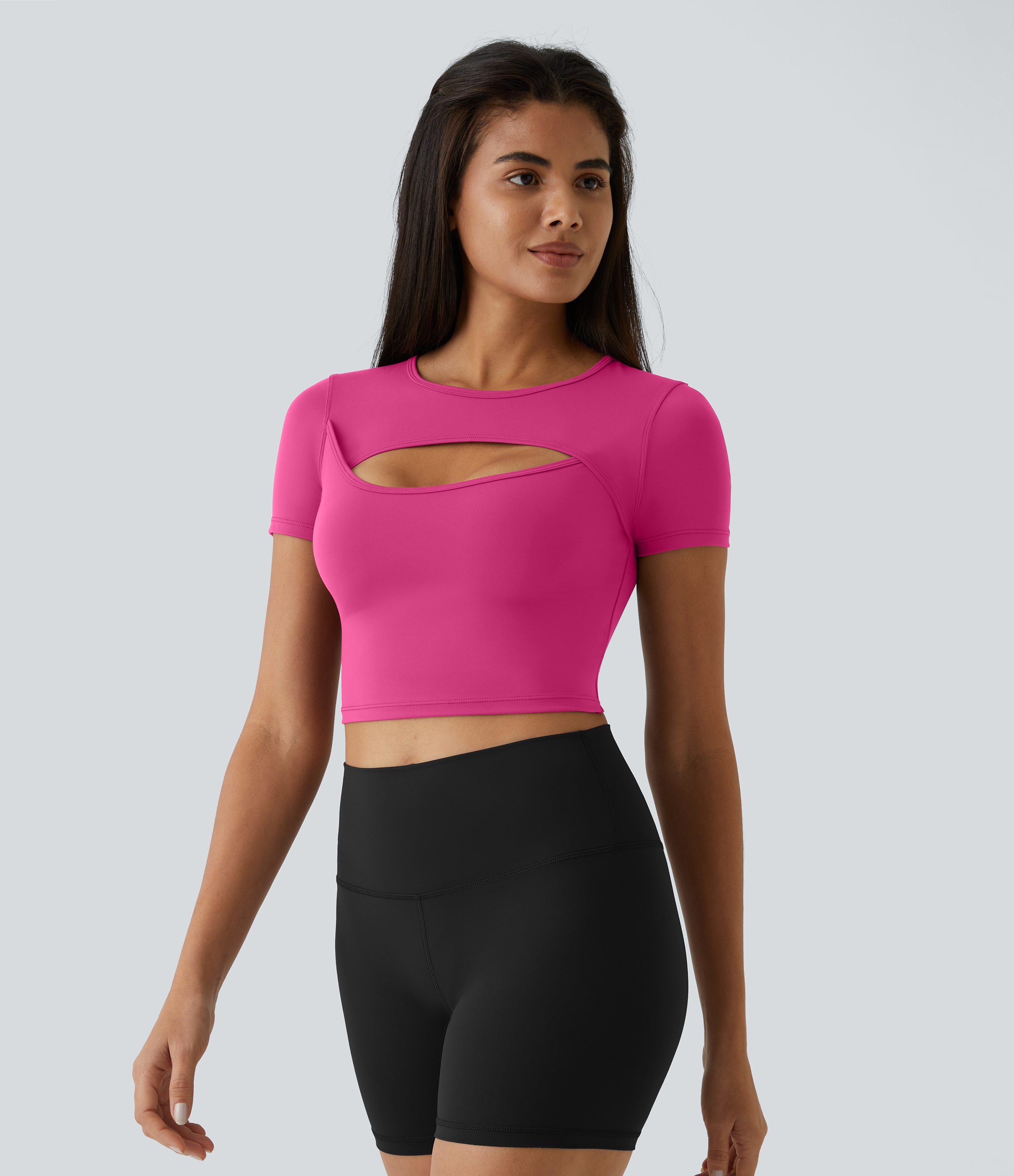 Halara Cloudfulв„ў Fabric Round Neck Cut Out Short Sleeve Cropped Barre Ballet Dance Sports Top  - Fuchsia Purple - XS 
