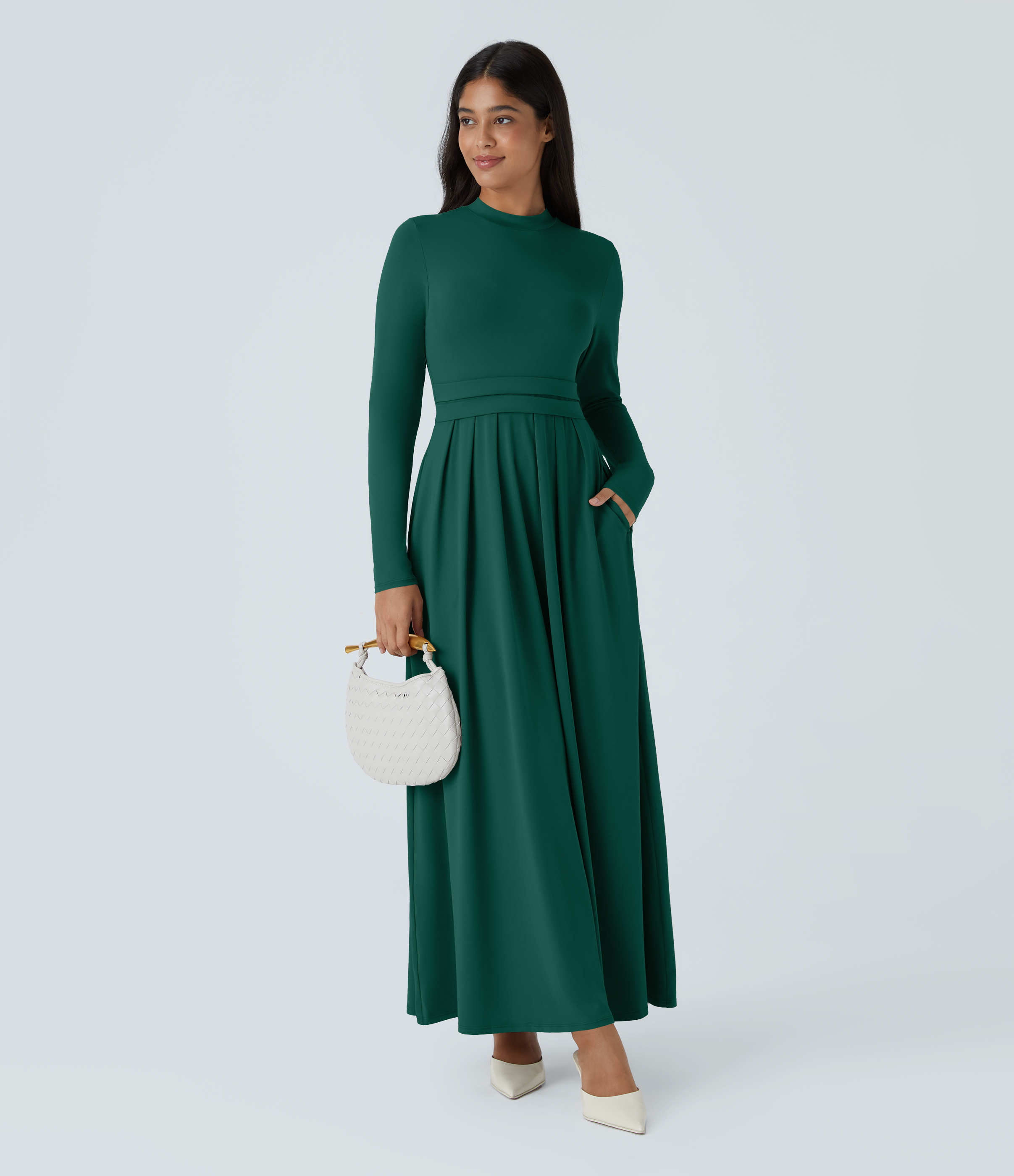 Halara Stand Collar Long Sleeve Side Pocket Flare Maxi Casual Dress Casual Dress - Rain Forest - M slip dress beach dress ruched dress 