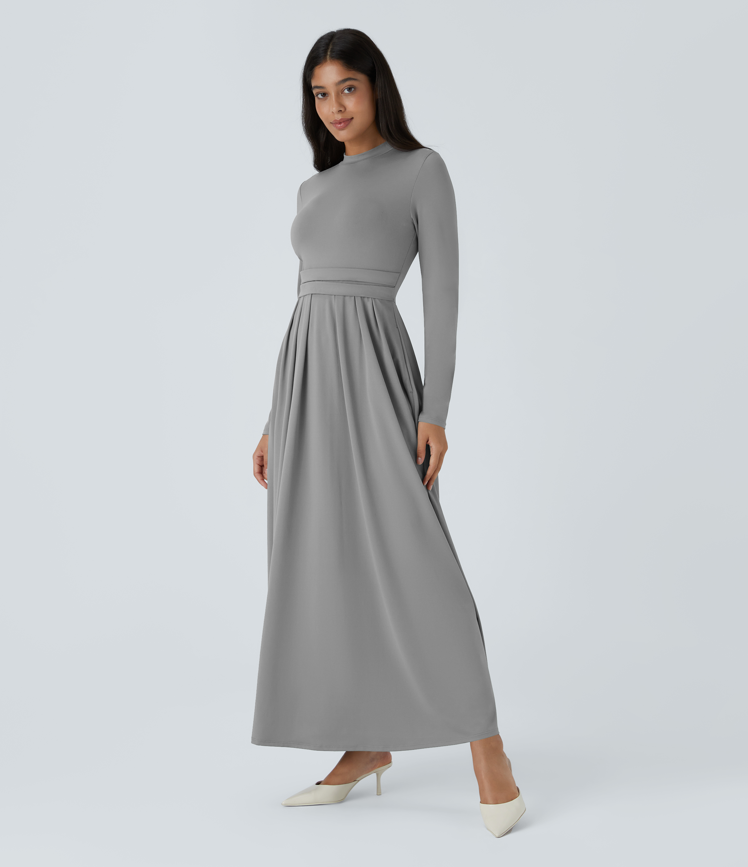 Halara Stand Collar Long Sleeve Side Pocket Flare Maxi Casual Dress Casual Dress - Ultimate Gray - M slip dress beach dress ruched dress 