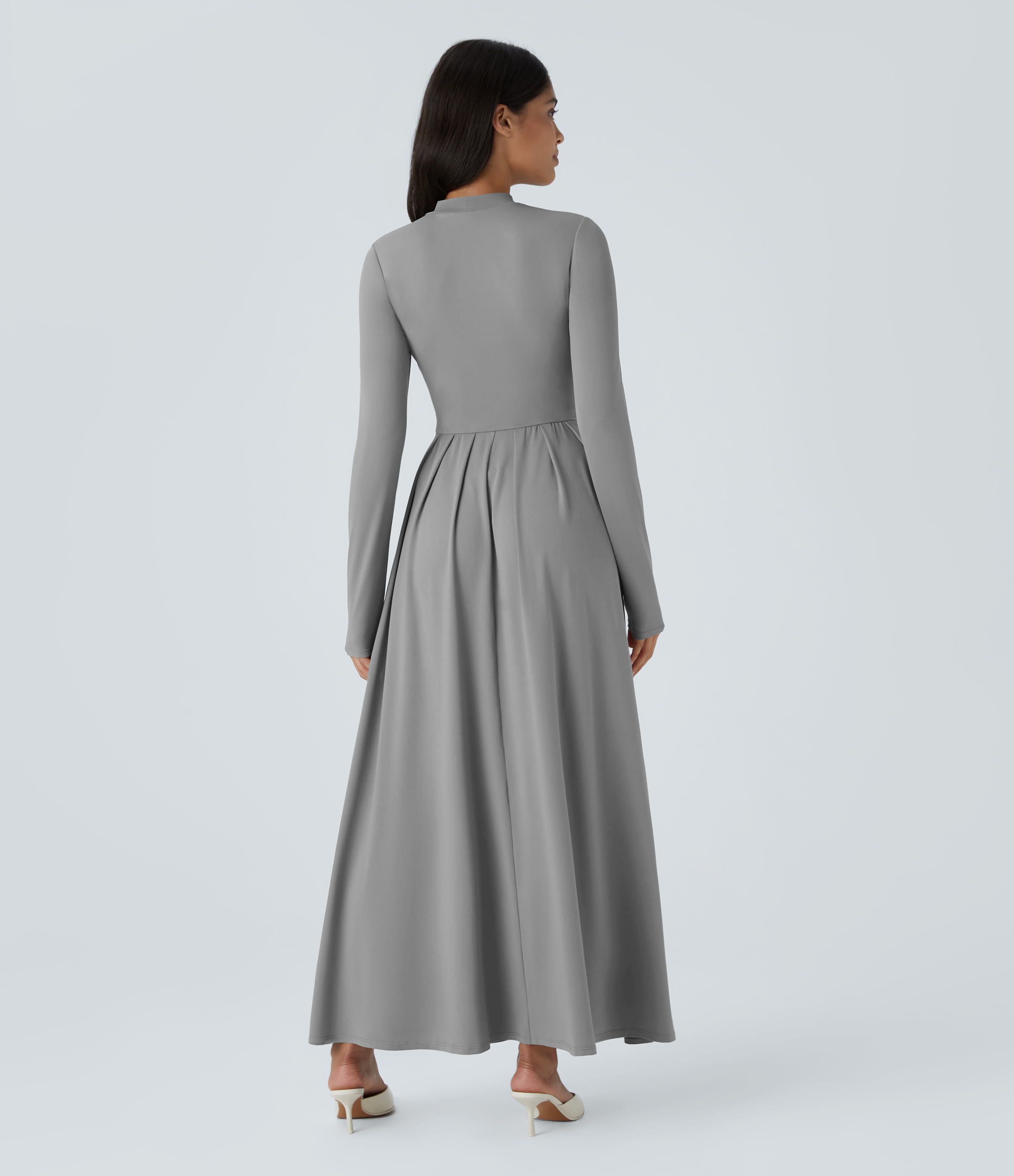 Halara Stand Collar Long Sleeve Side Pocket Flare Maxi Casual Dress Casual Dress - Ultimate Gray - M slip dress beach dress ruched dress 