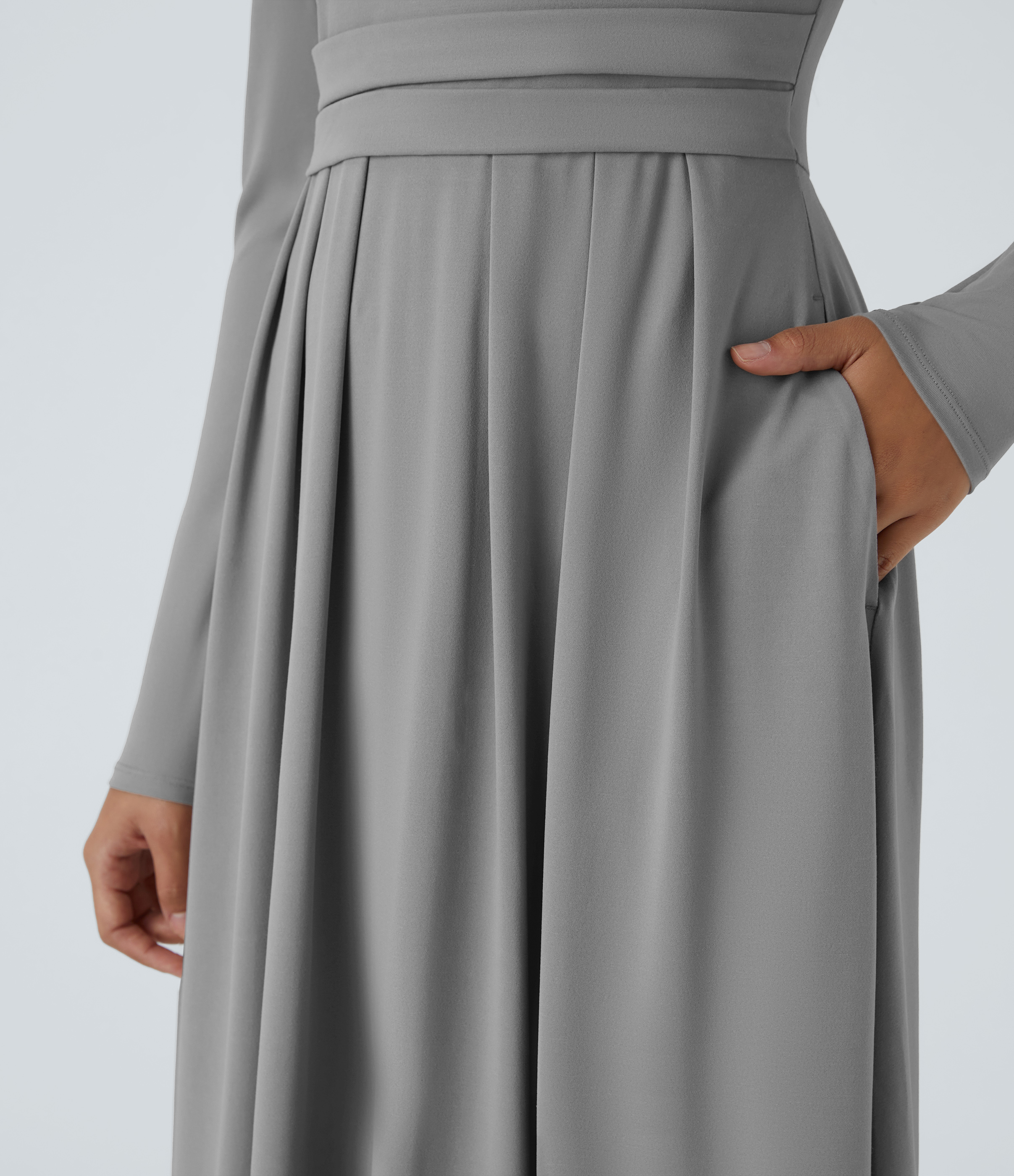 Halara Stand Collar Long Sleeve Side Pocket Flare Maxi Casual Dress Casual Dress - Ultimate Gray - M slip dress beach dress ruched dress 