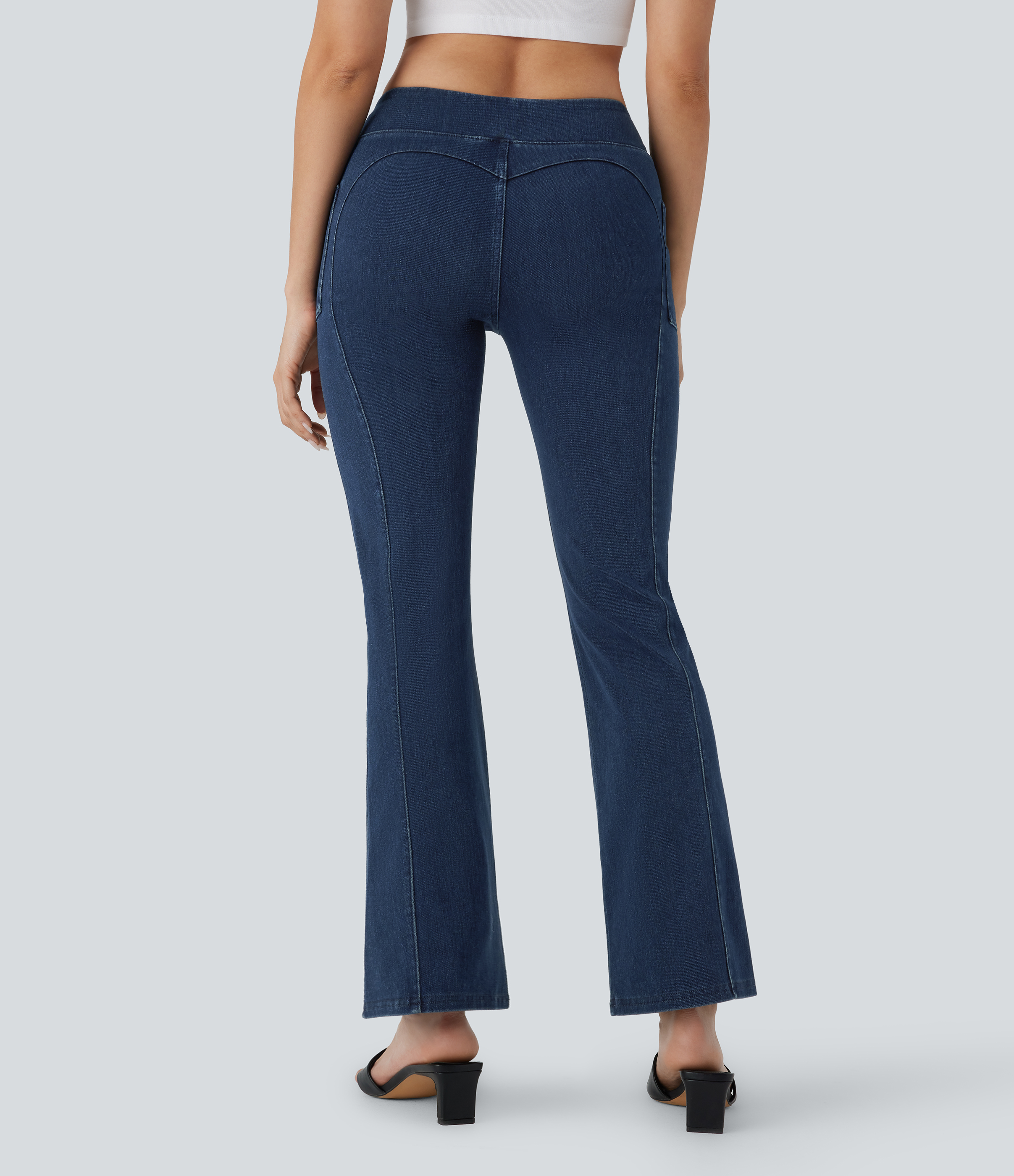 Washed Denim Navy Blue Leggings Halara Flex™ Denim mezclilla corte acampanado lavado elástico bolsillo lateral botón decorativo tiro medio / 2