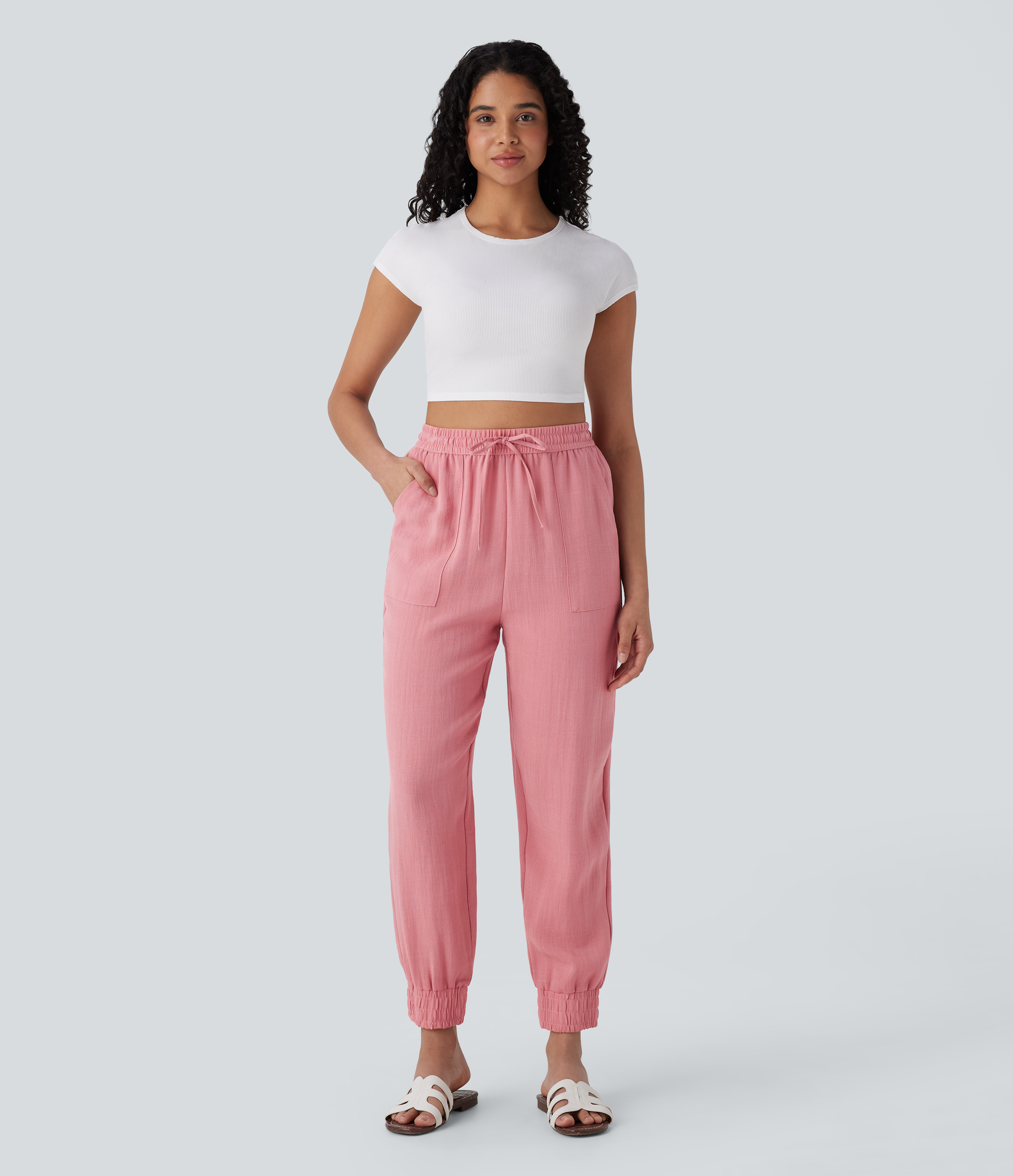 Halara High Waisted Drawstring Side Pocket Casual Linen-Feel Joggers  - Rosette - S(regular) sweatpants jogger pants stacked sweatpants 