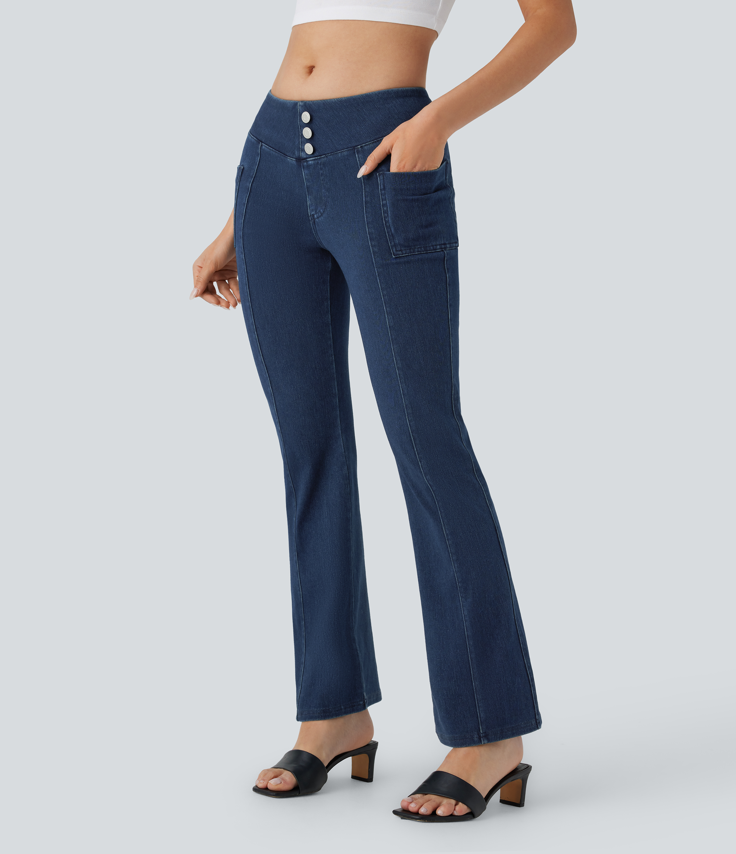 Halara Flex™ leggings bootcut relajados de tiro medio, decorados, con bolsillos y efecto denim lavado