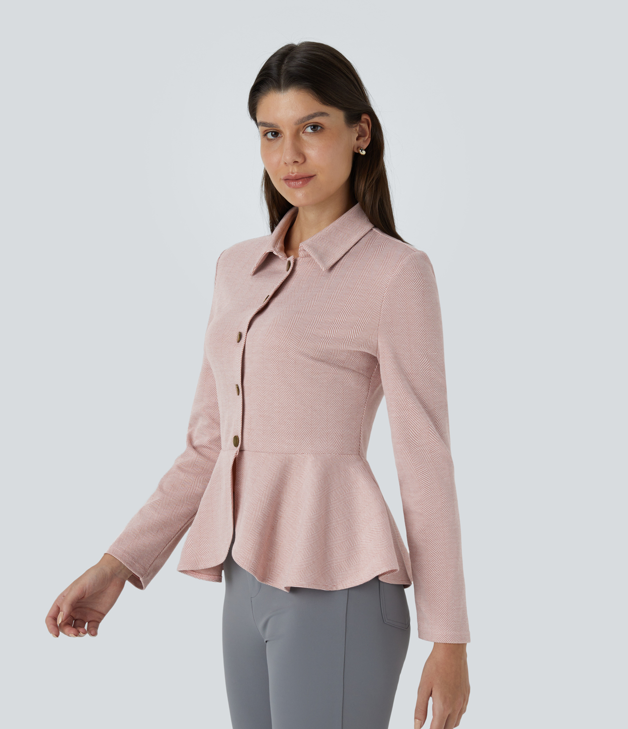 Halara Collared Button Long Sleeve Ruffle Hem Herringbone Work Jacket  - Bean Paste Leaf Texture - L 