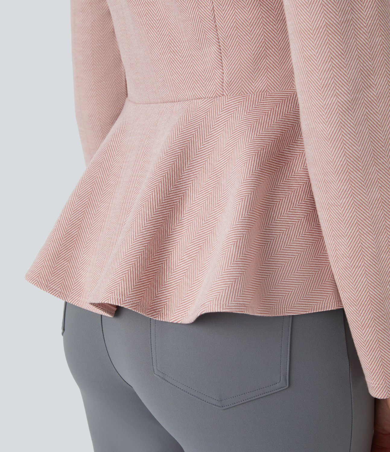 Halara Collared Button Long Sleeve Ruffle Hem Herringbone Work Jacket  - Bean Paste Leaf Texture - L 